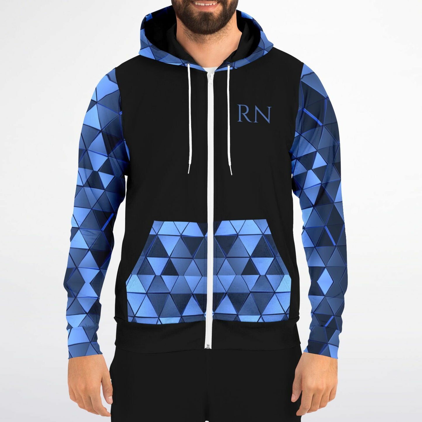 CVICU Tribal style 1, RN, Nurse Fashion Zip-Up Hoodie - Black, blue text, with blue diamond sleeves