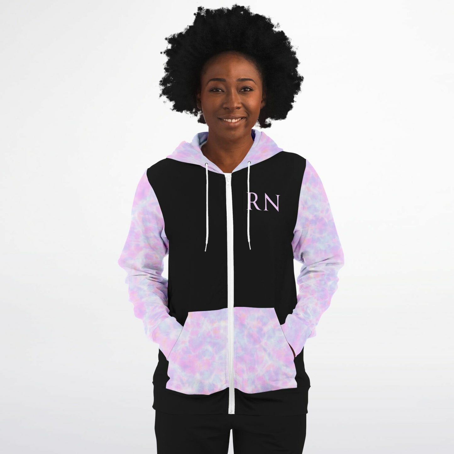 MICU, RN, Nurse Fashion Zip-Up Hoodie - Black, purple and light blue sleeves
