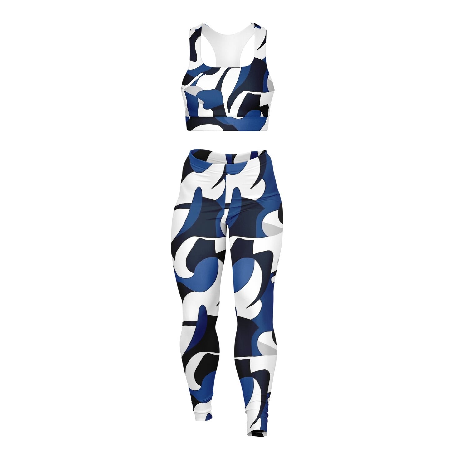 Blue with white and black Padded Sports Bra & Leggings - AOP