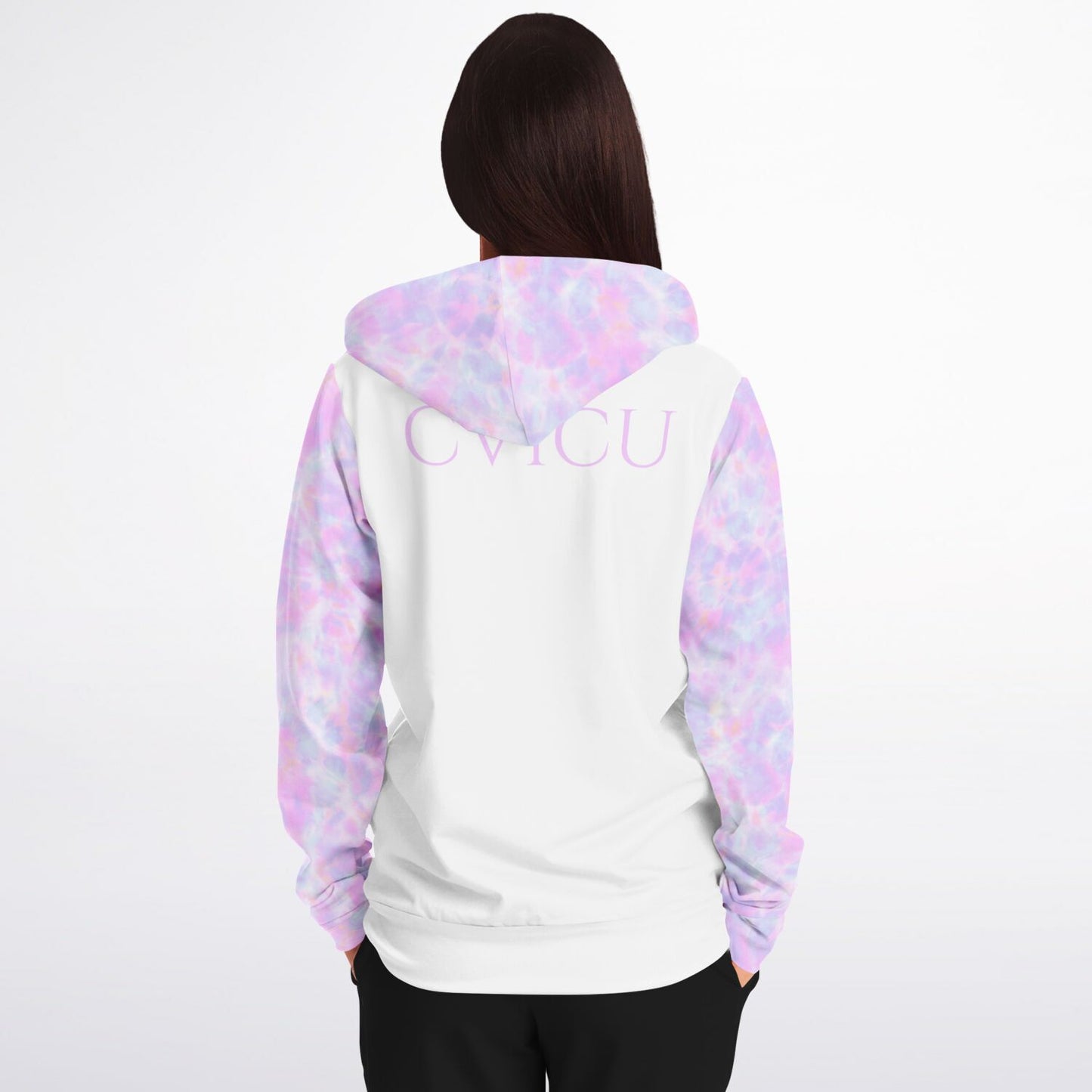 CVICU, RN, Nurse Fashion Zip-Up Hoodie - White, purple and light blue sleeves