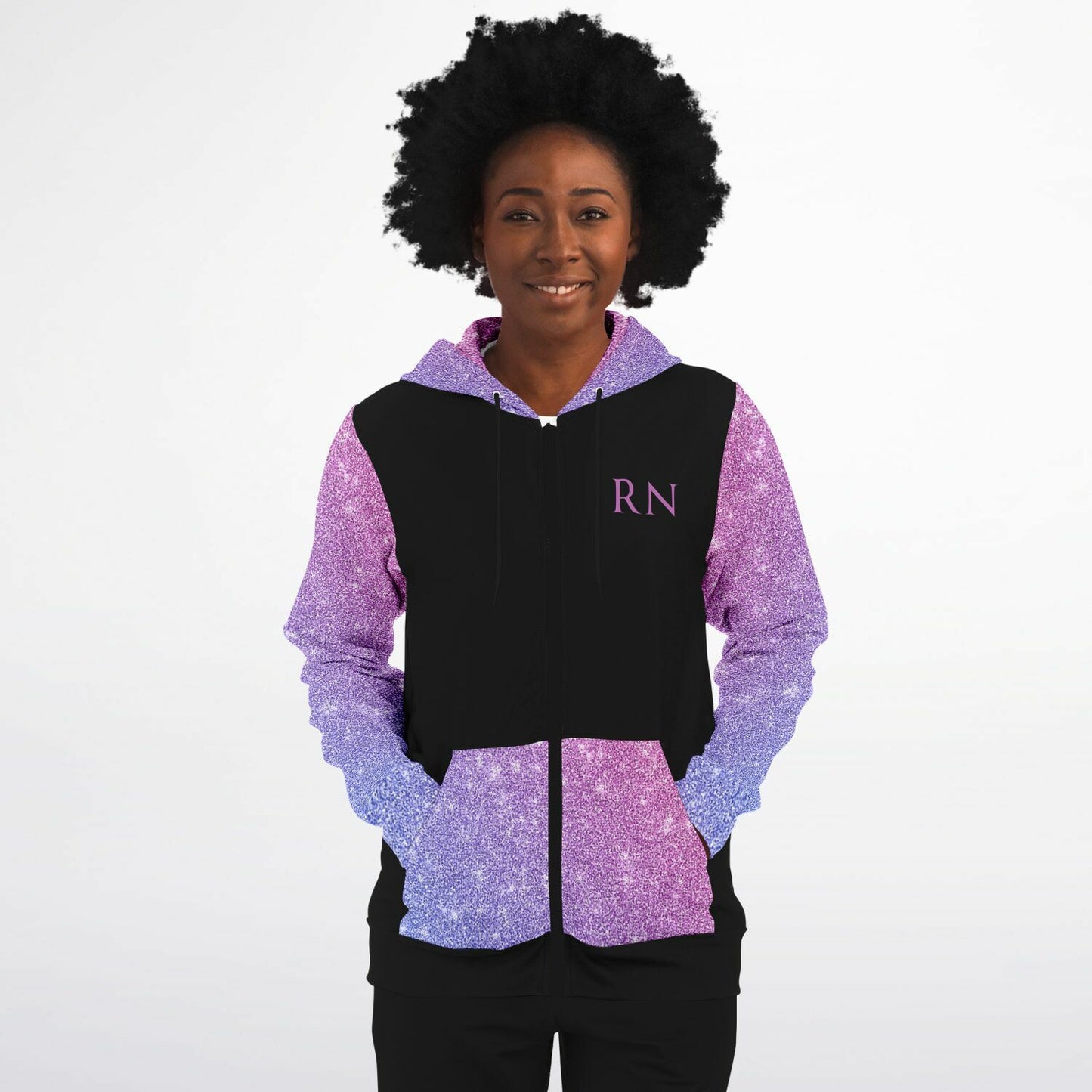 RN, Nurse Fashion Zip-Up Hoodie - Black, purple and pink