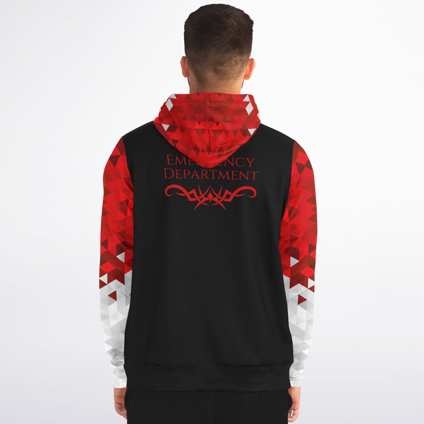 Emergency department Tribal Style , RN, Nurse Fashion Zip-Up Hoodie - Black, red text, with red, white, silver diamond sleeves