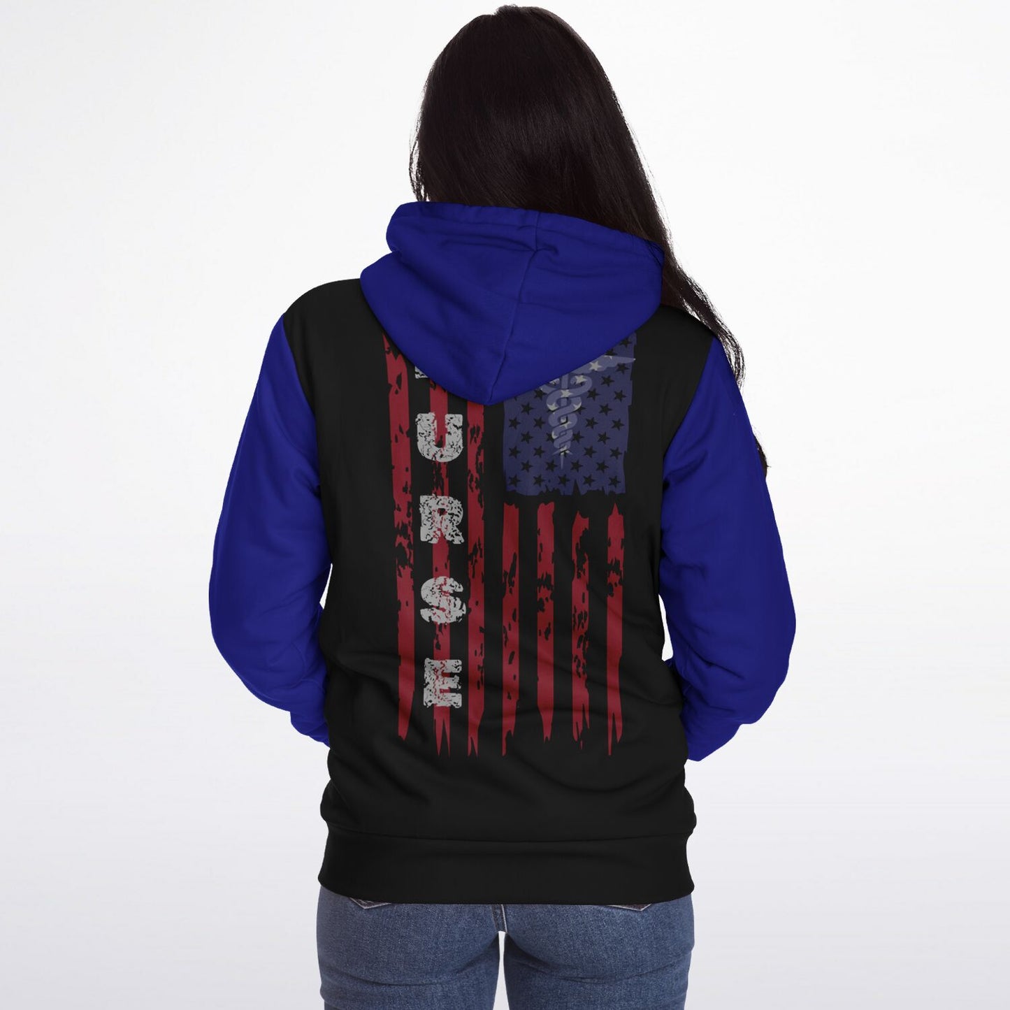 Nurse with US flag, Black and Blue Microfleece Zip-hoodie -