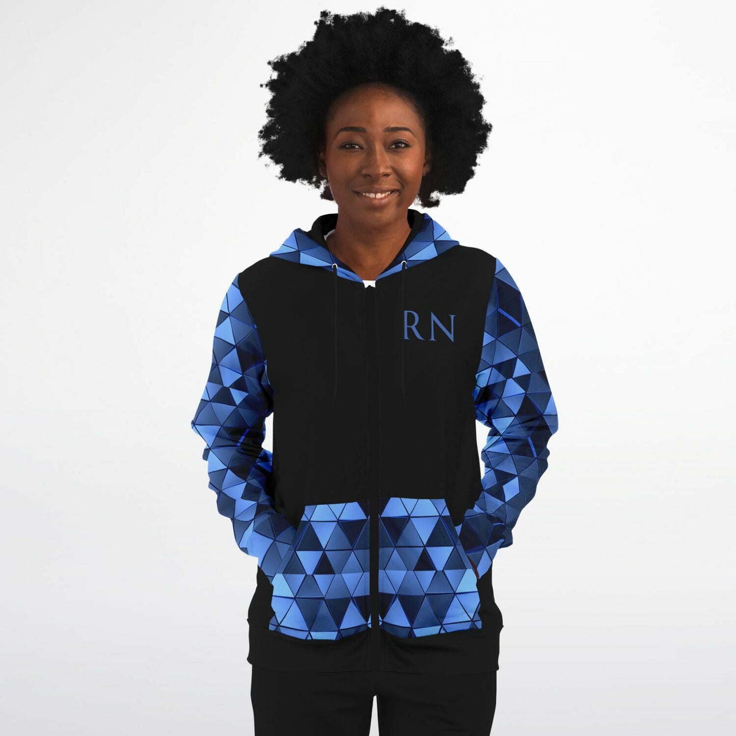 MICU, RN, Nurse Fashion Zip-Up Hoodie - Black, blue text, with blue diamond sleeves