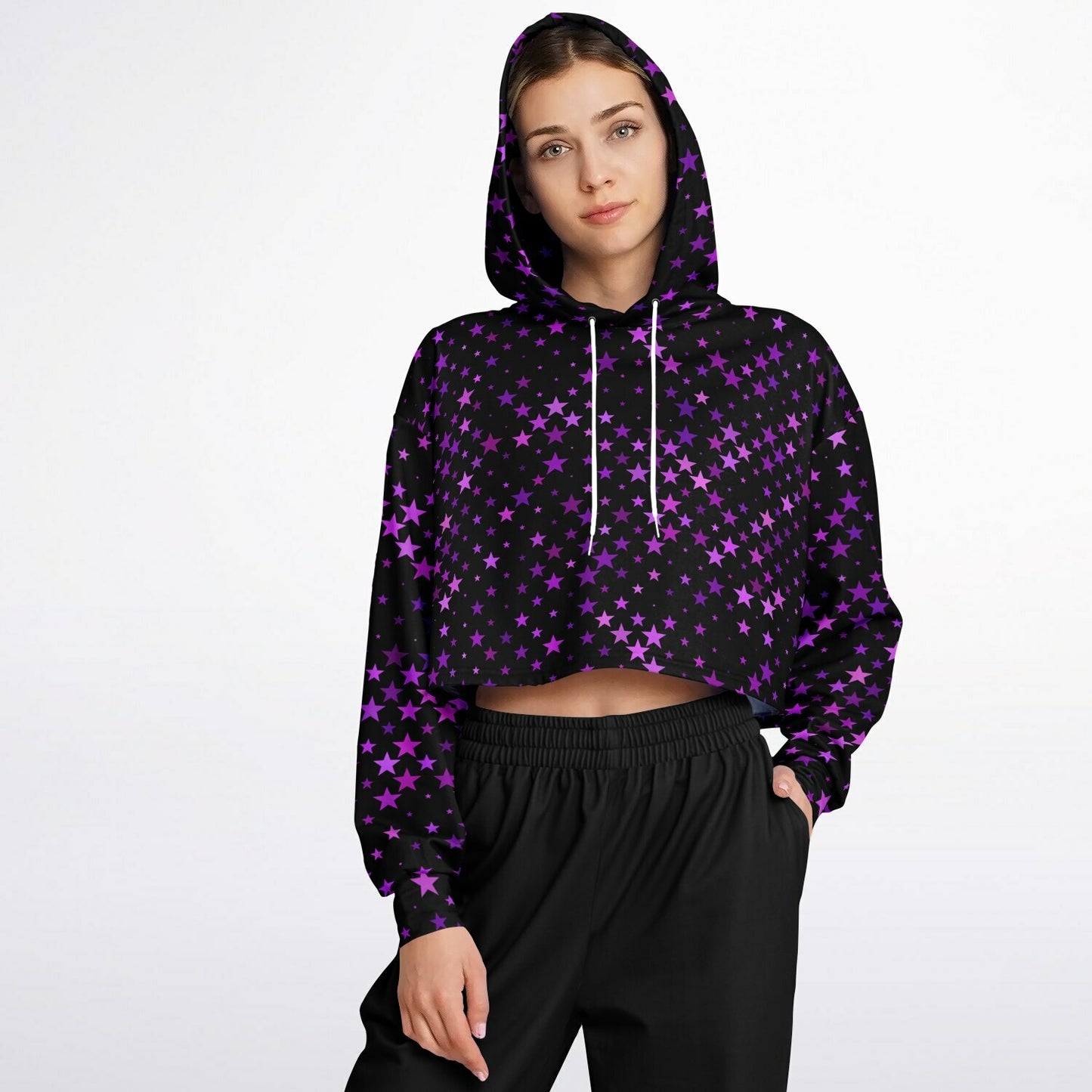 Purple Star Crop Top Hoodie - AOP