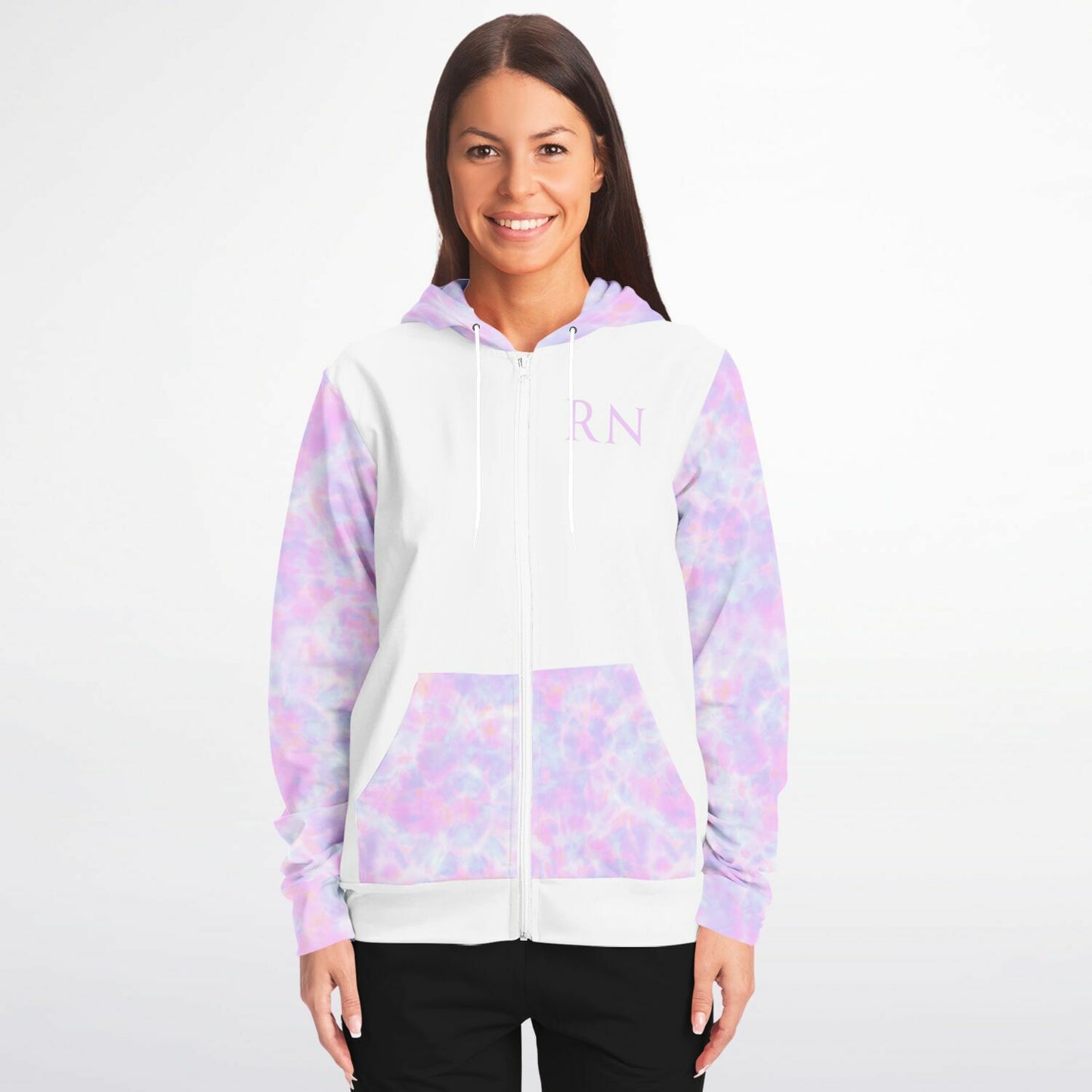 CVICU, RN, Nurse Fashion Zip-Up Hoodie - White, purple and light blue sleeves