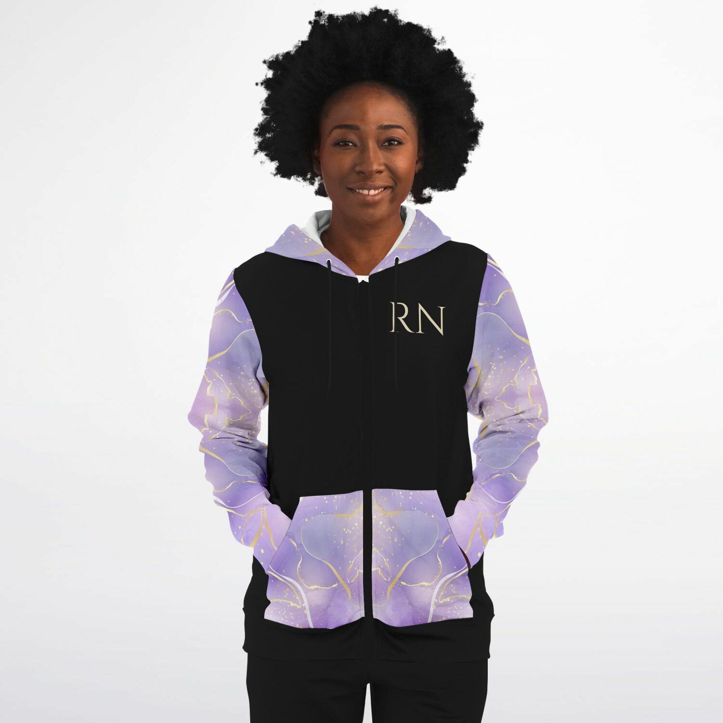 RN, Nurse Fashion Zip-Up Hoodie - Black, gold text, with purple and gold ribbon sleeves copy copy