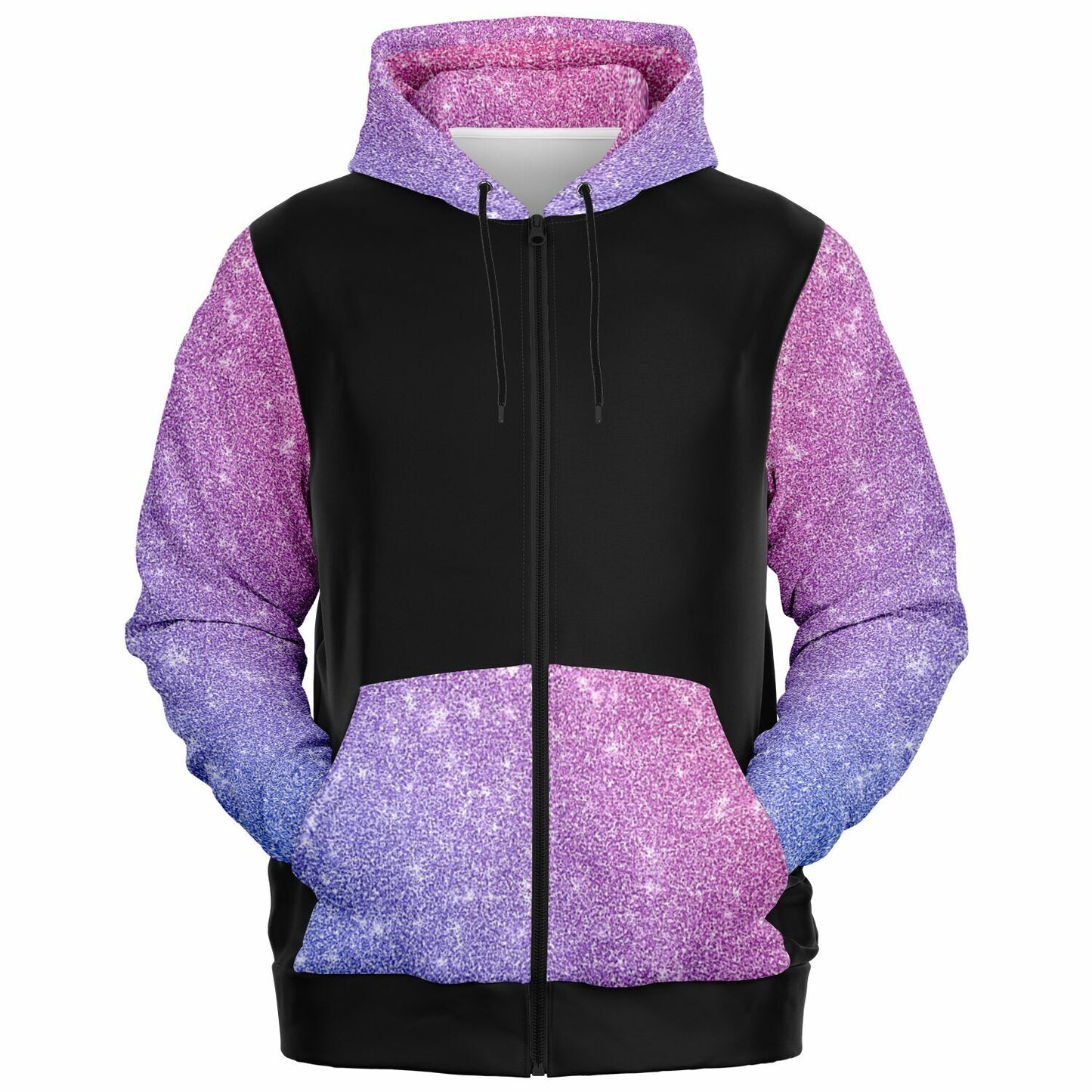 Black, purple and pink sparkle sleeves Fashion Zip-Up Hoodie -