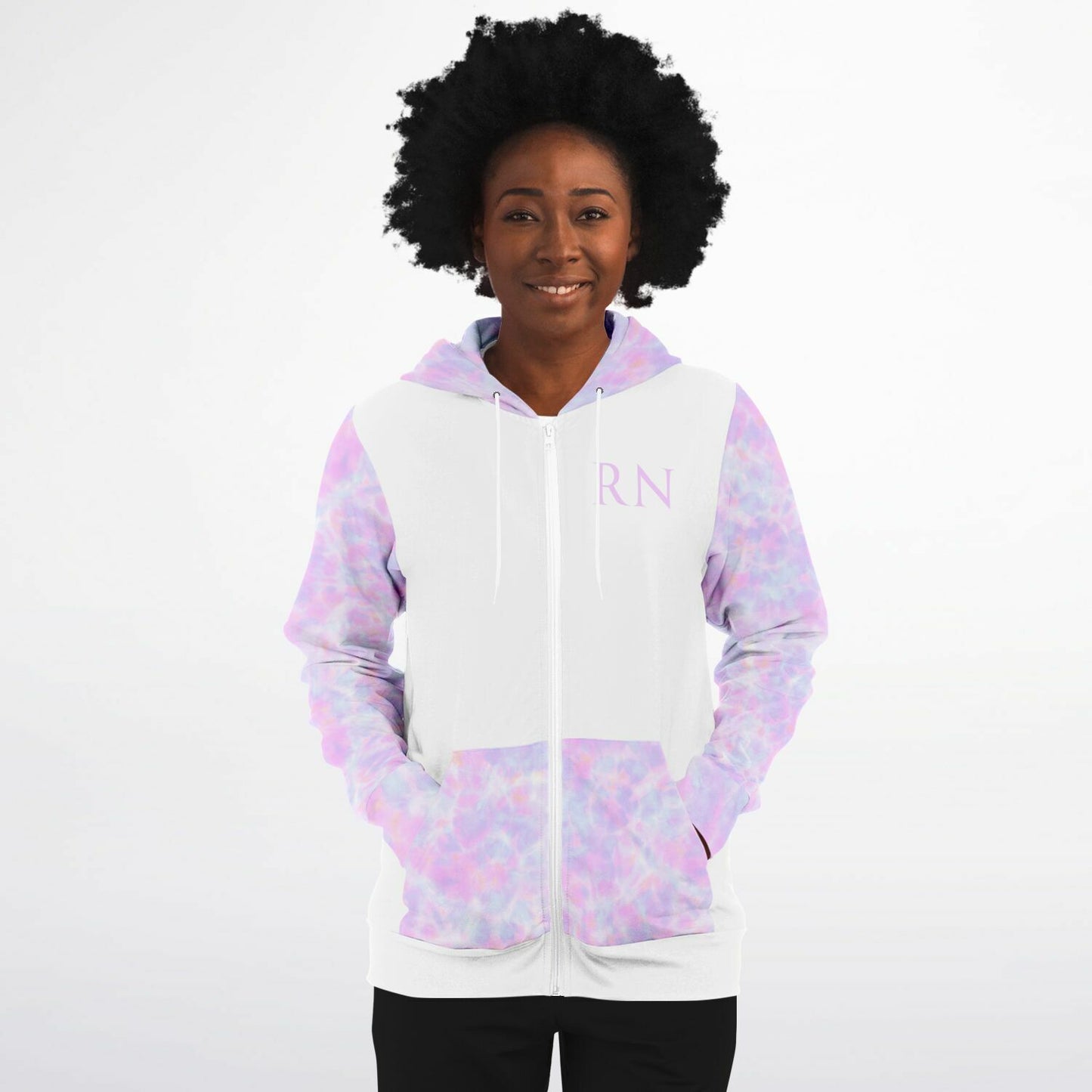 CVICU, RN, Nurse Fashion Zip-Up Hoodie - White, purple and light blue sleeves