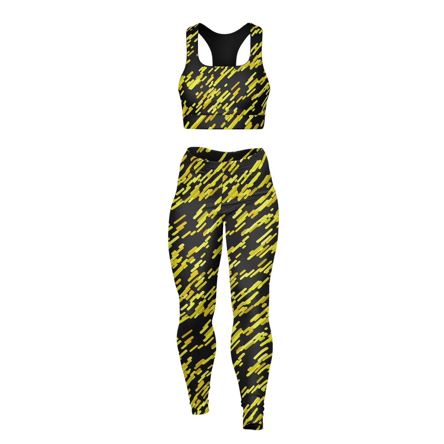 Yellow black Padded Sports Bra & Leggings - AOP