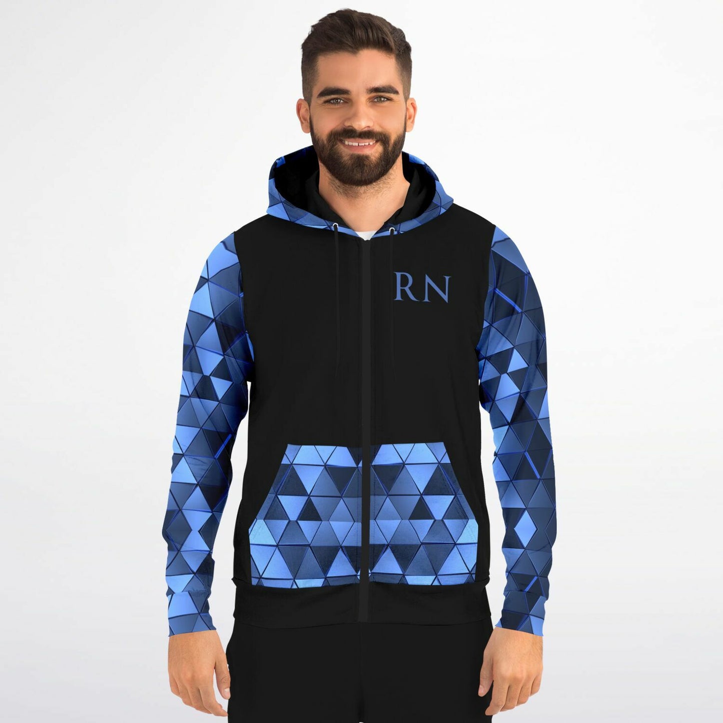 MICU, RN, Nurse Fashion Zip-Up Hoodie - Black, blue text, with blue diamond sleeves