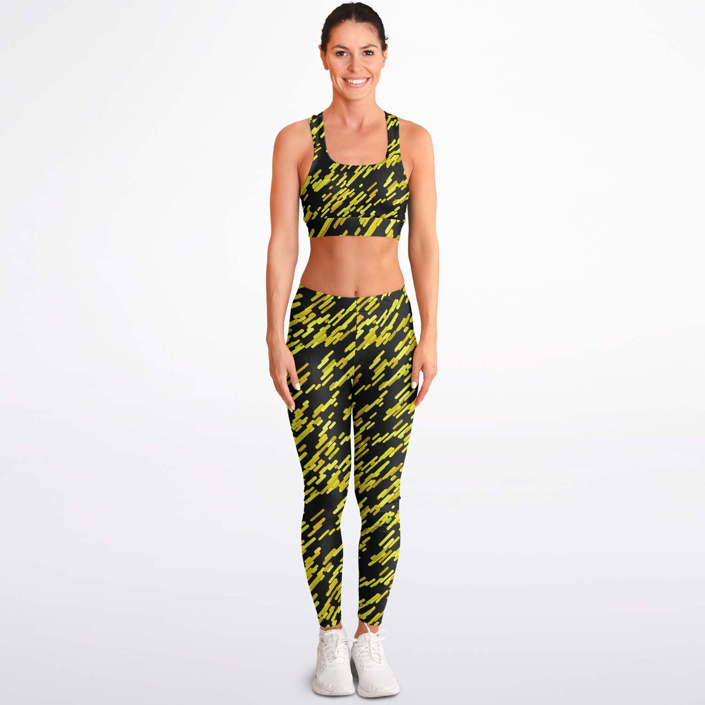 Yellow black Padded Sports Bra & Leggings - AOP