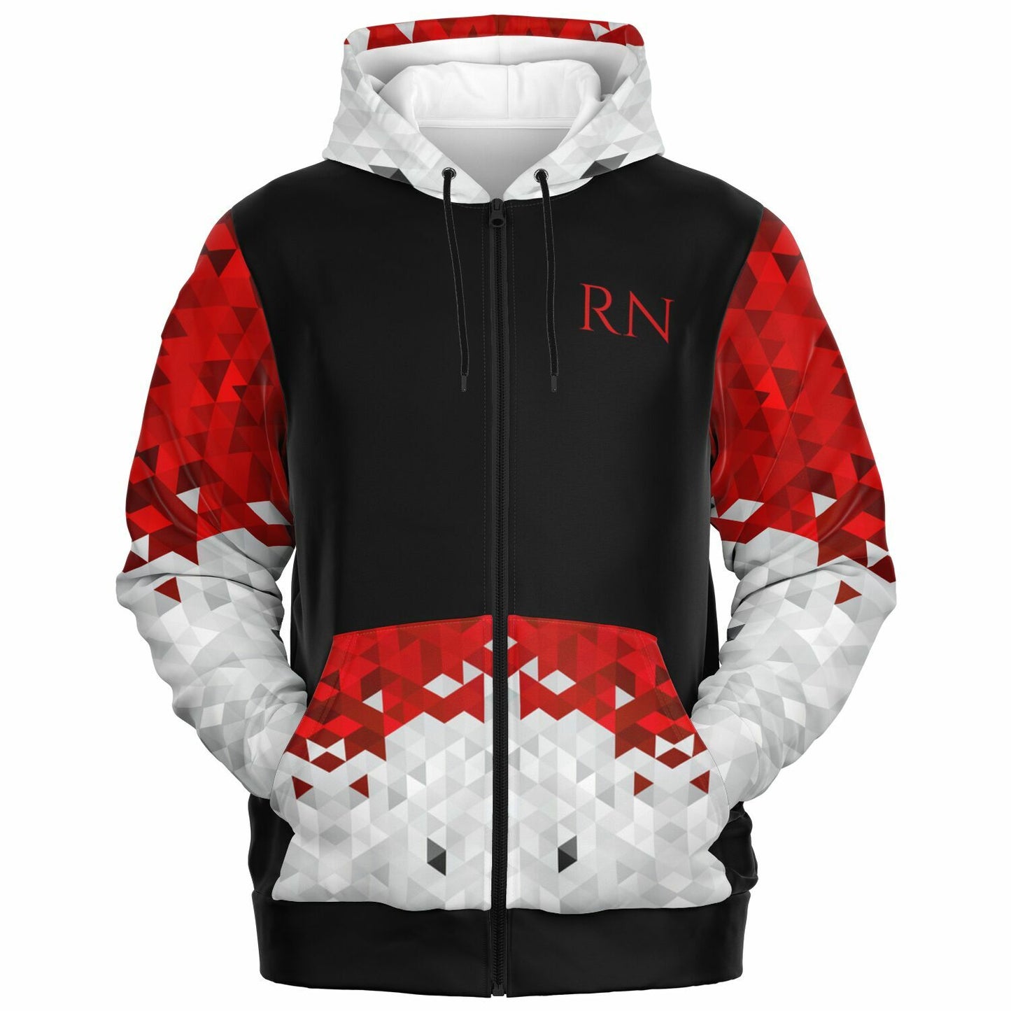 MICU, RN, Nurse Fashion Zip-Up Hoodie - Black, red text, with red, white, silver diamond sleeves