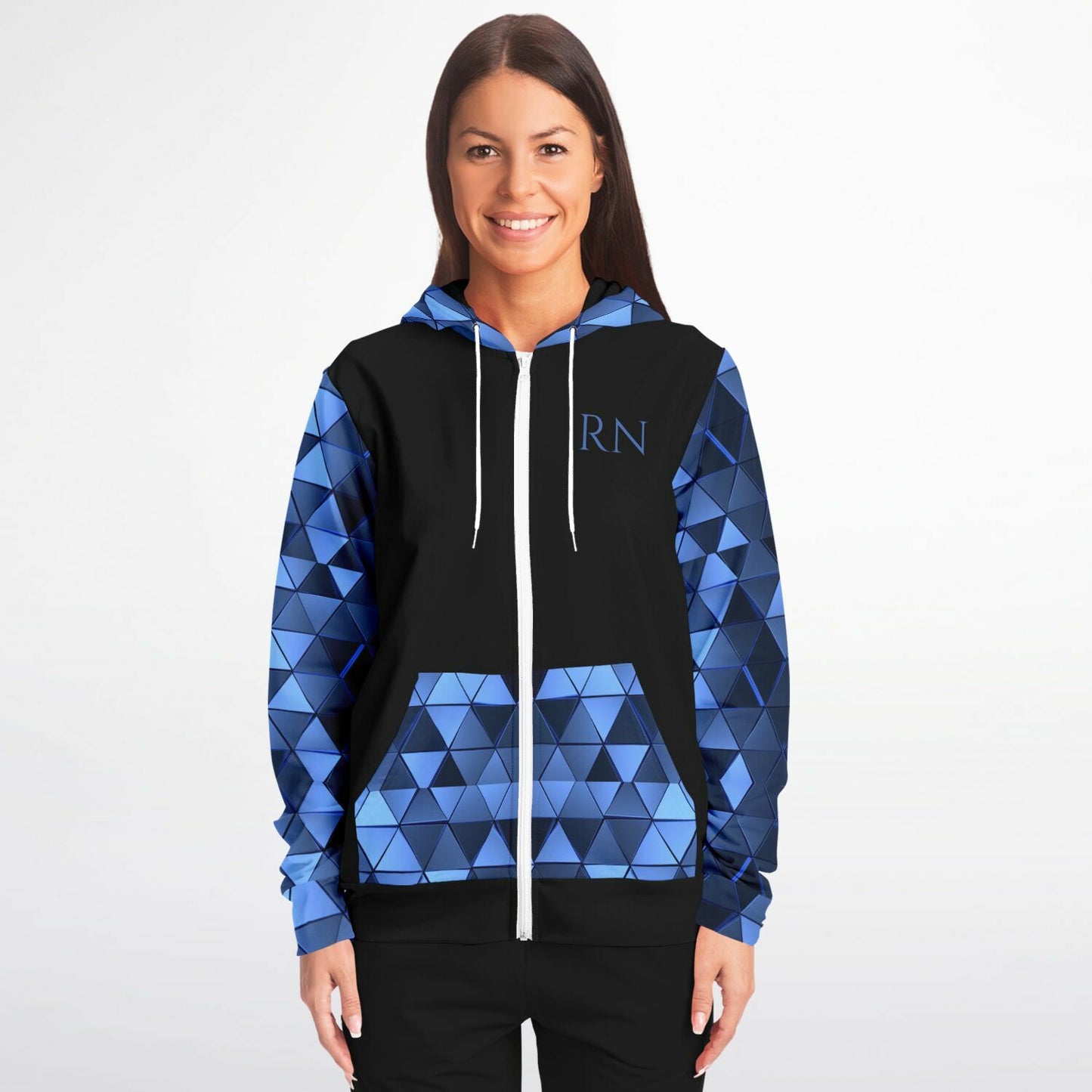 CVICU Tribal style 1, RN, Nurse Fashion Zip-Up Hoodie - Black, blue text, with blue diamond sleeves