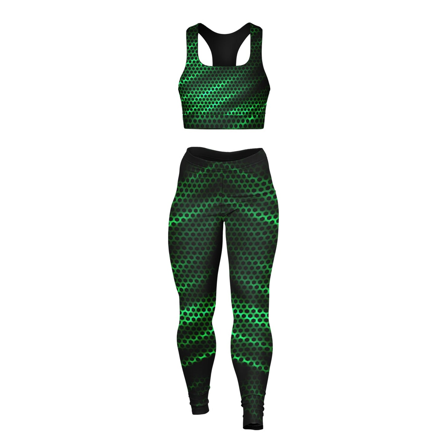 Black Carbon with Green Padded Sports Bra & Leggings -