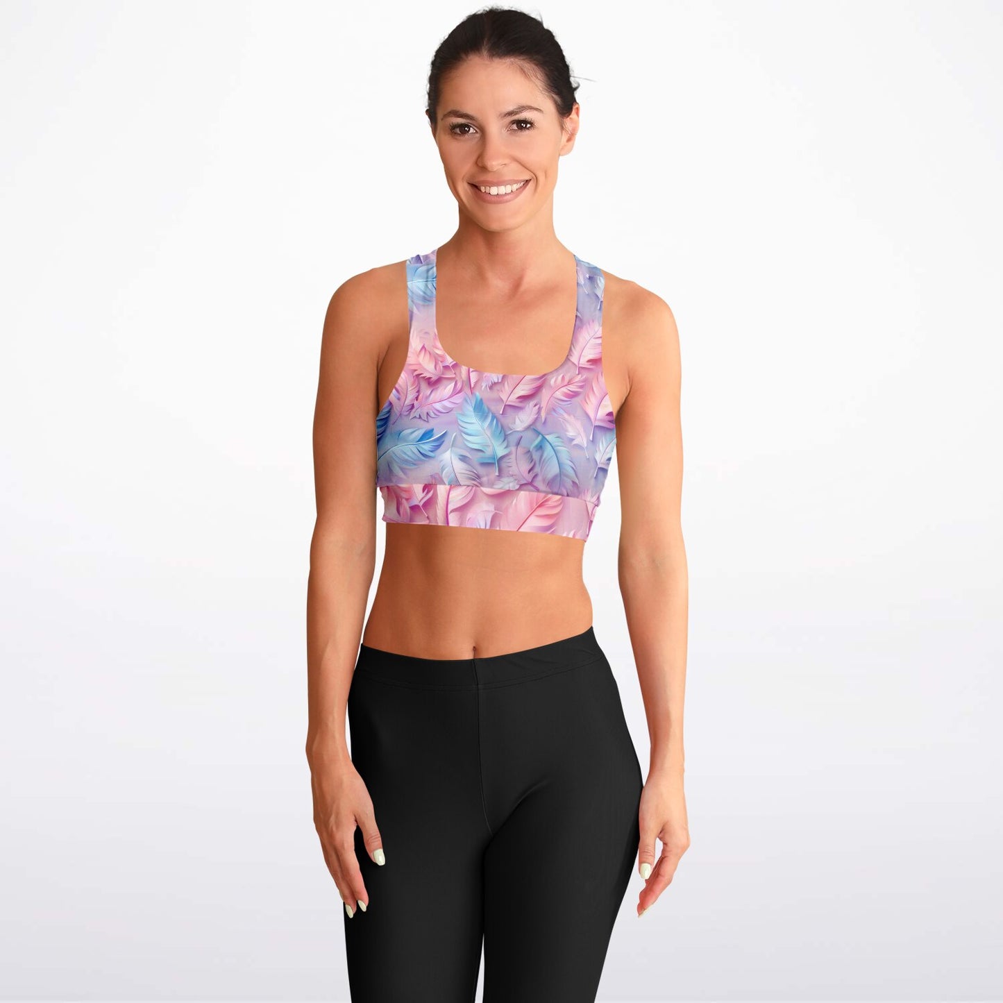 Pink and Blue feathers Padded Sports Bra - AOP
