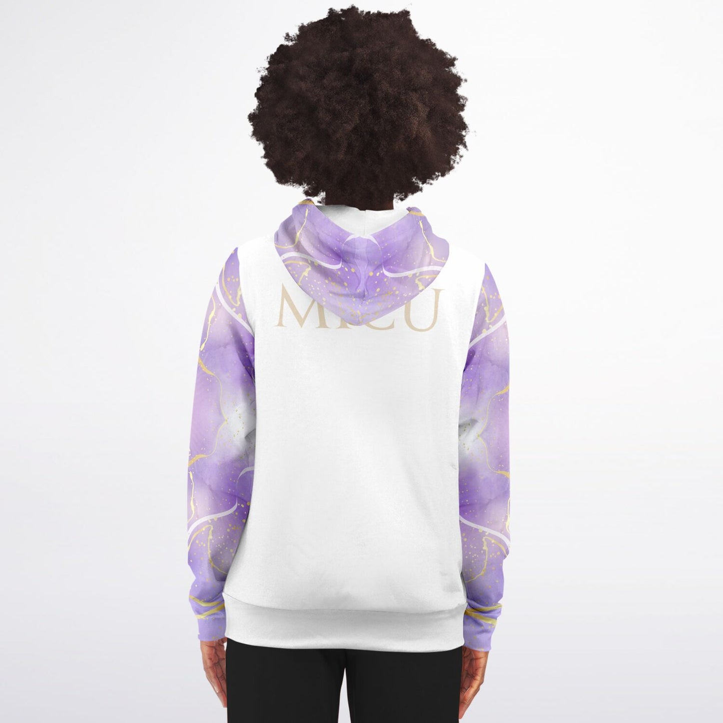 MICU, RN, Nurse Fashion Zip-Up Hoodie - White, gold text, with purple and gold ribbon sleeves