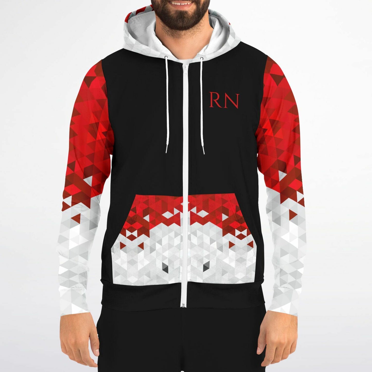 CVICU Tribal Style 1, RN, Nurse Fashion Zip-Up Hoodie - Black, red text, with red, white, silver diamond sleeves copy