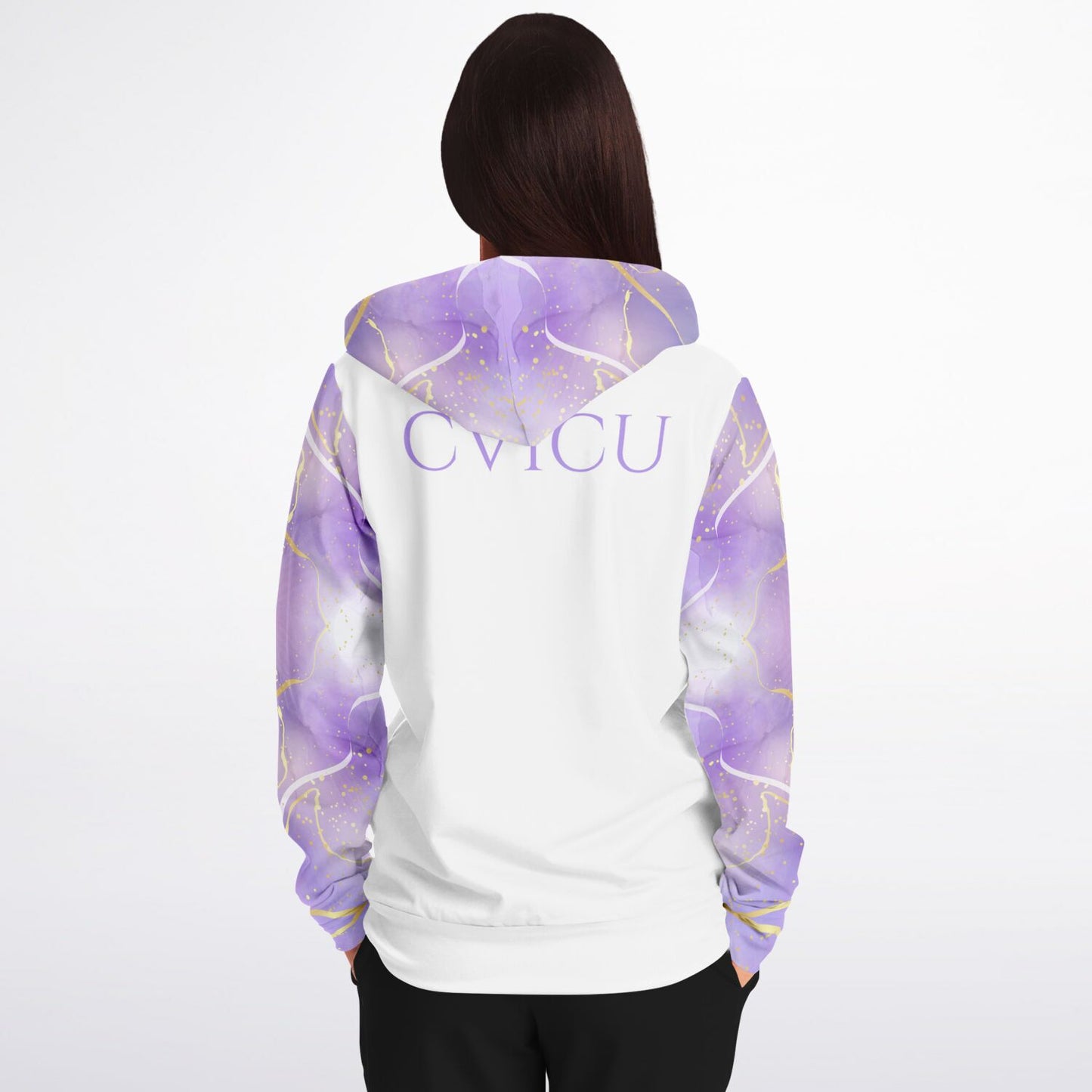 CVICU RN, Nurse Fashion Zip-Up Hoodie - White, gold text, with purple and gold ribbon sleeves