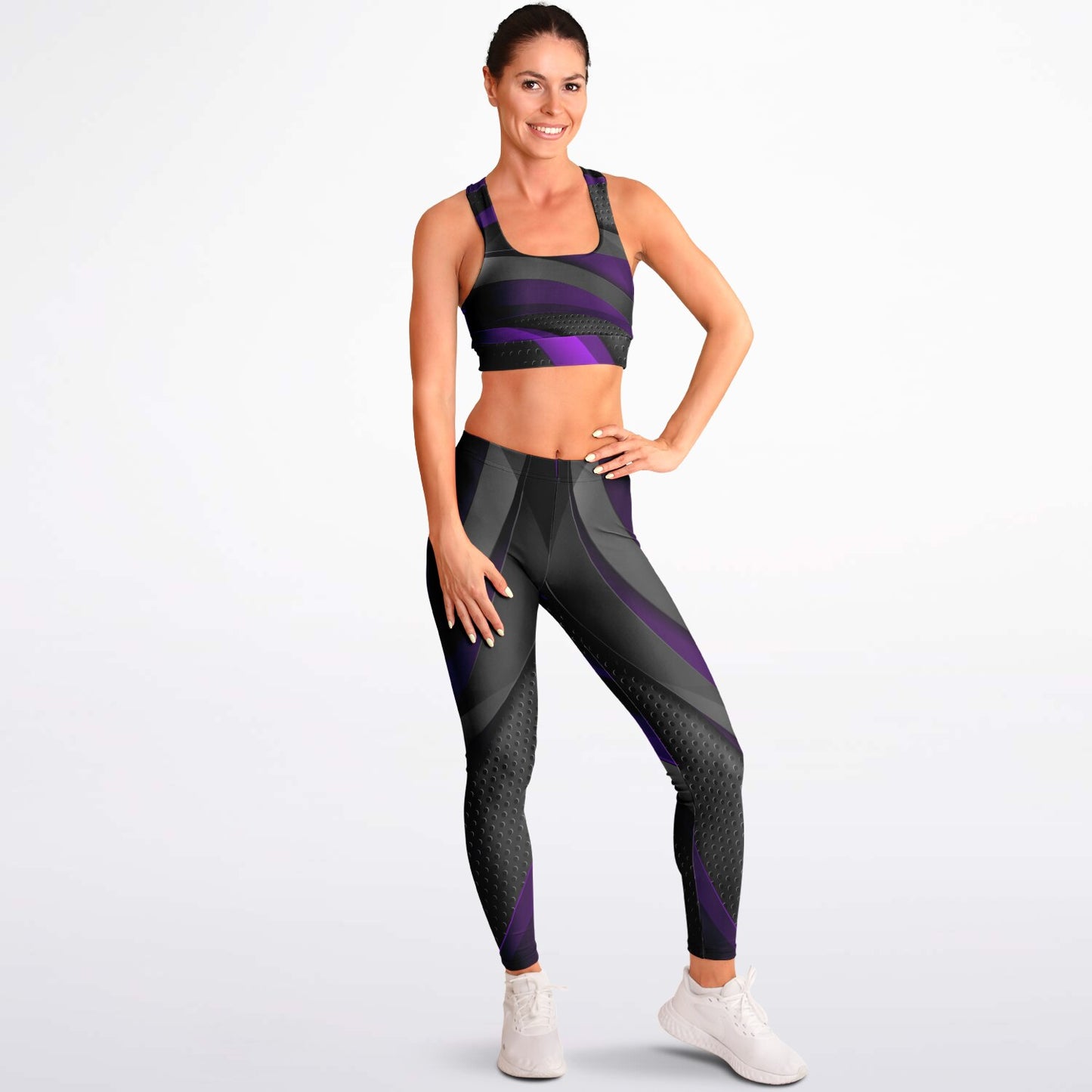 Dark Gray with Purple Padded Sports Bra & Leggings -
