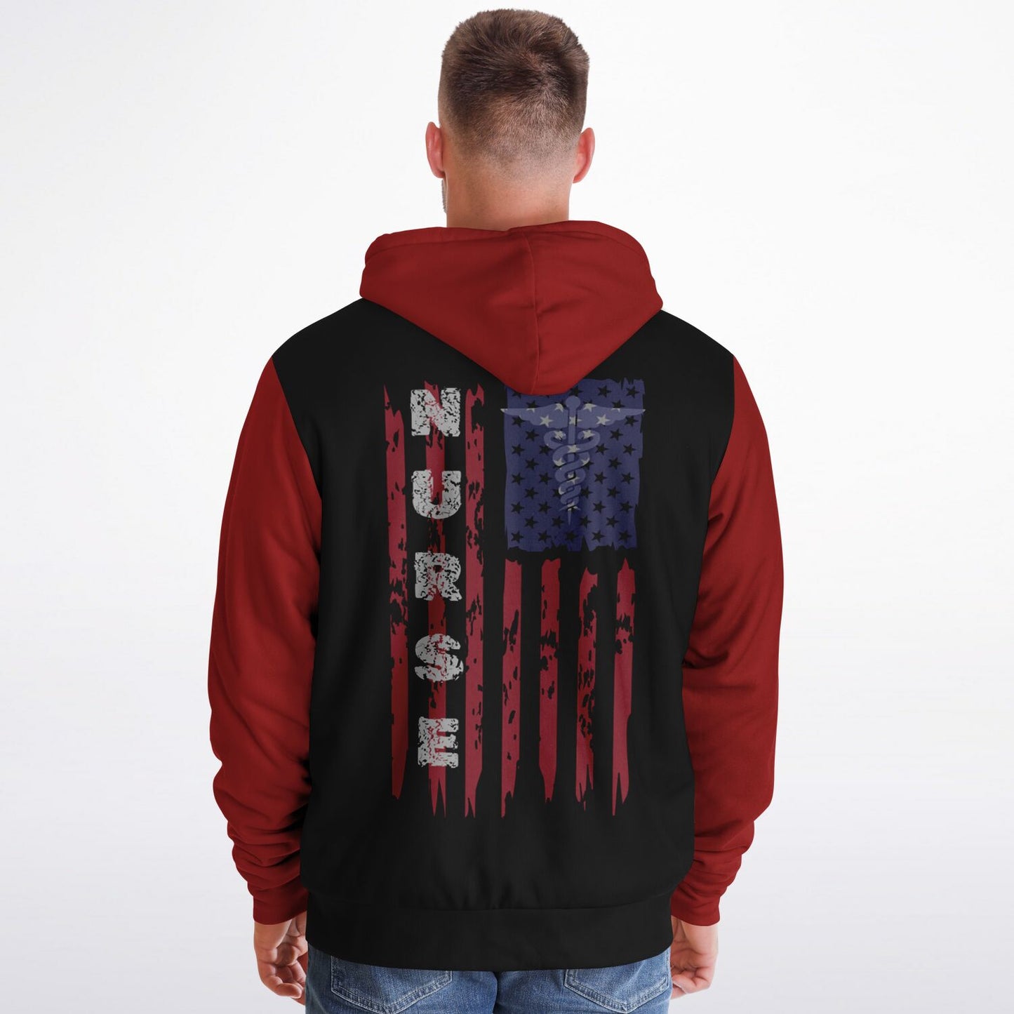 Nurse with US flag, Black and Red Microfleece Zip-hoodie -
