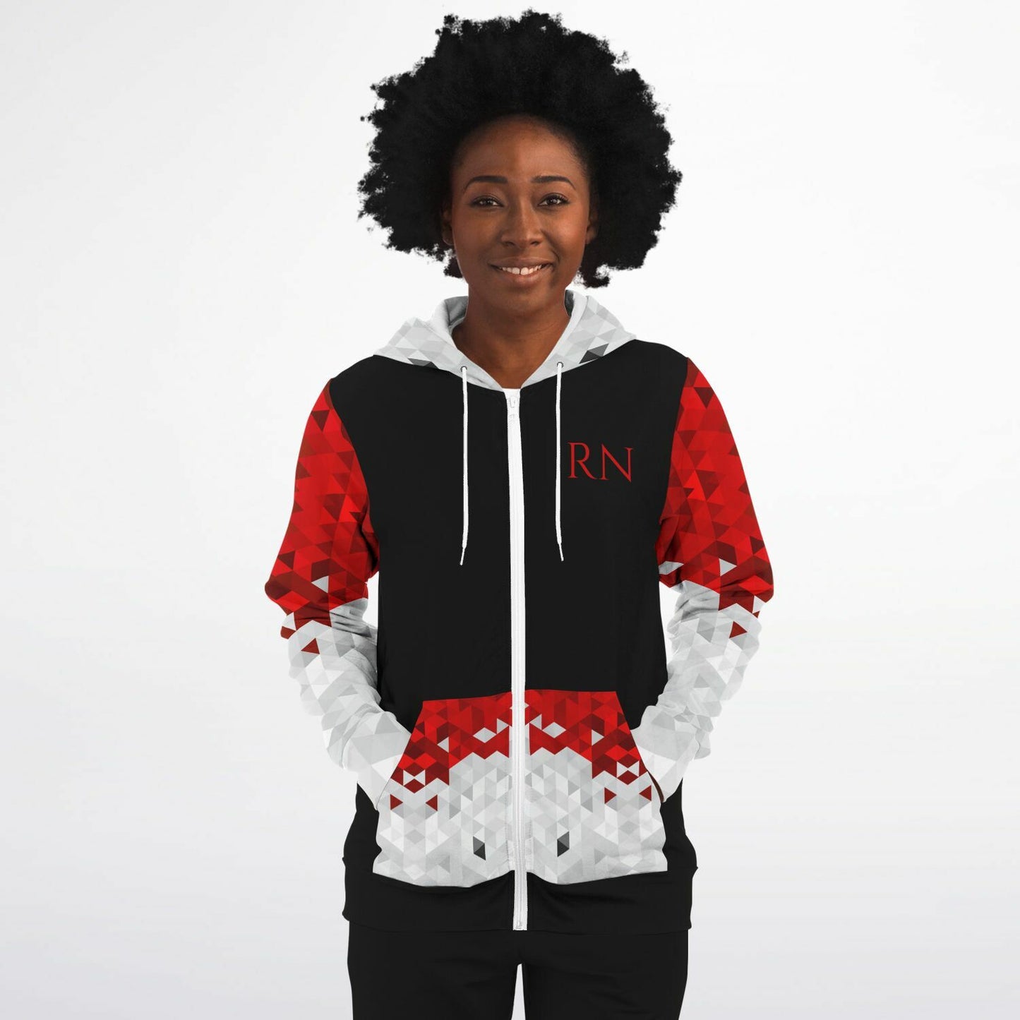 Emergency department Tribal Style , RN, Nurse Fashion Zip-Up Hoodie - Black, red text, with red, white, silver diamond sleeves