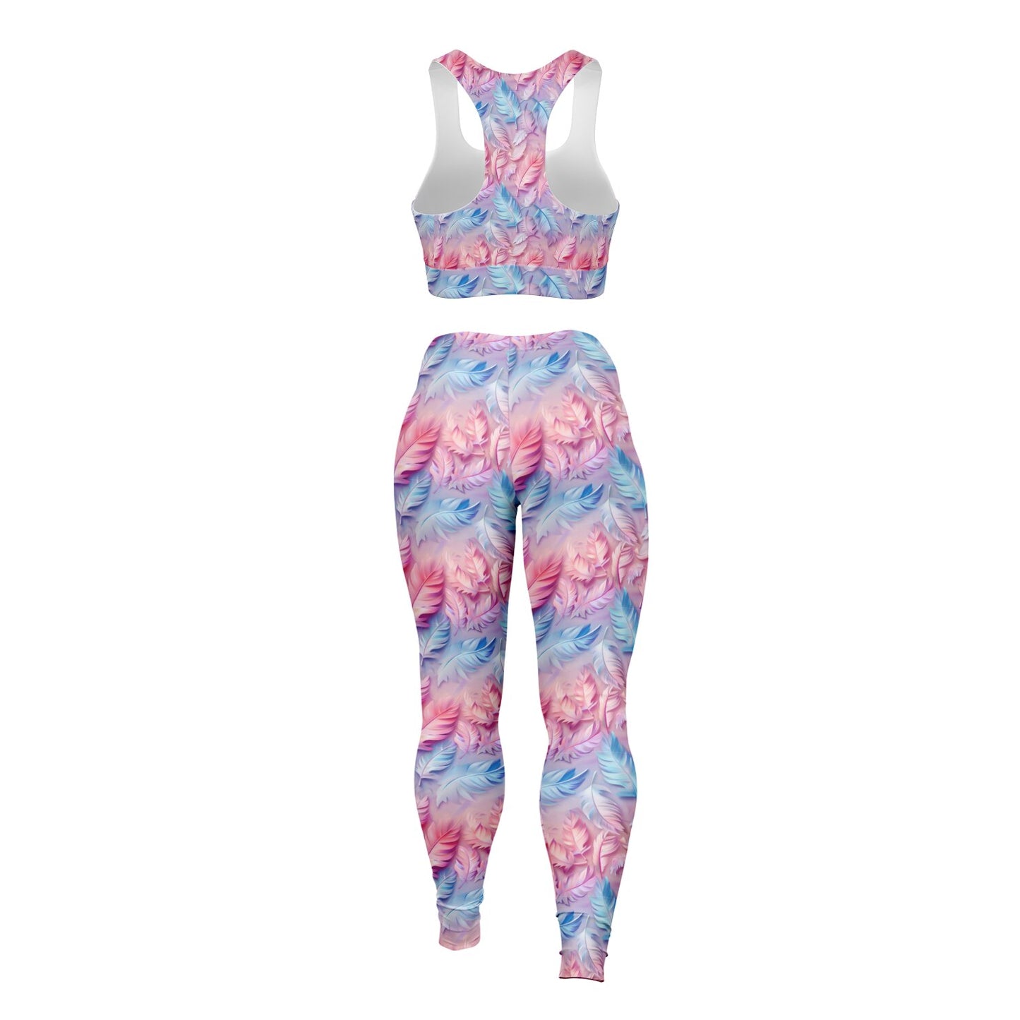Pink and Blue feathers Padded Sports Bra & Leggings - AOP
