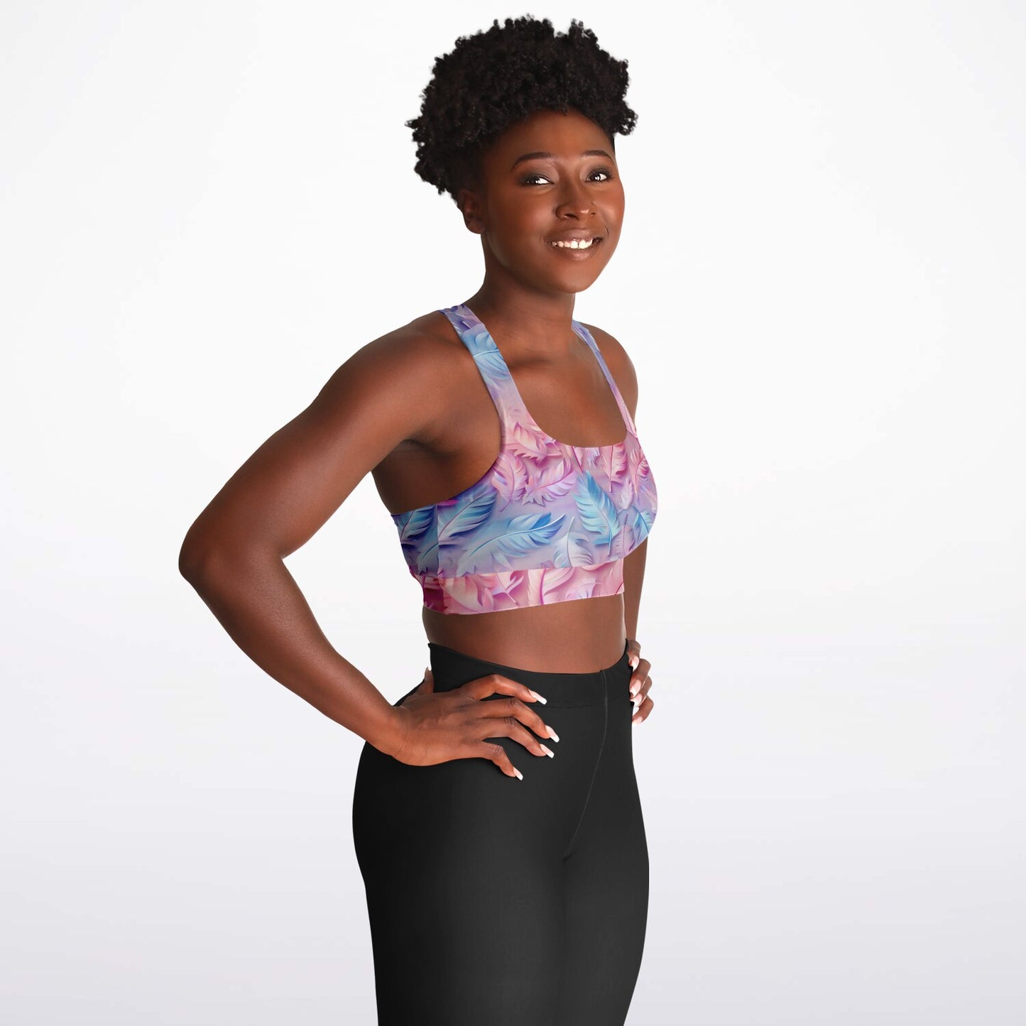 Pink and Blue feathers Padded Sports Bra - AOP
