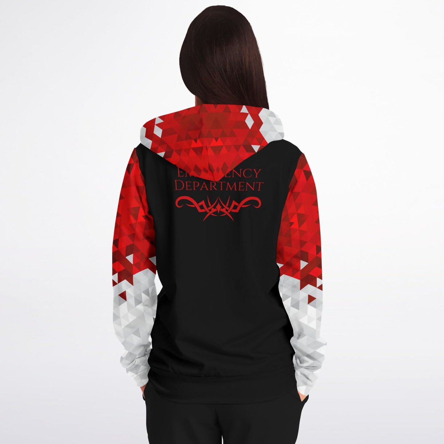 Emergency department Tribal Style , RN, Nurse Fashion Zip-Up Hoodie - Black, red text, with red, white, silver diamond sleeves