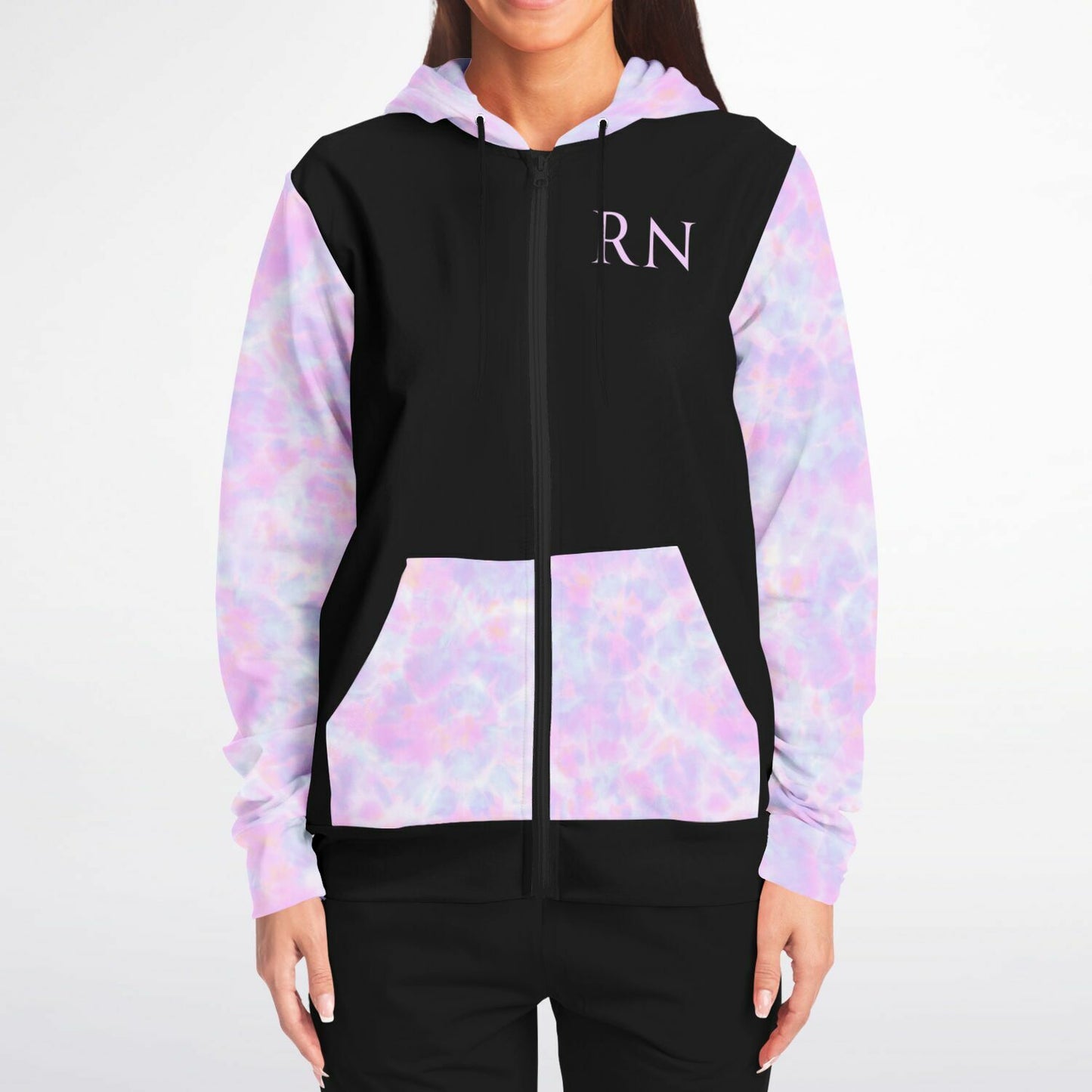 CVICU, RN, Nurse Fashion Zip-Up Hoodie - Black, purple and light blue sleeves copy