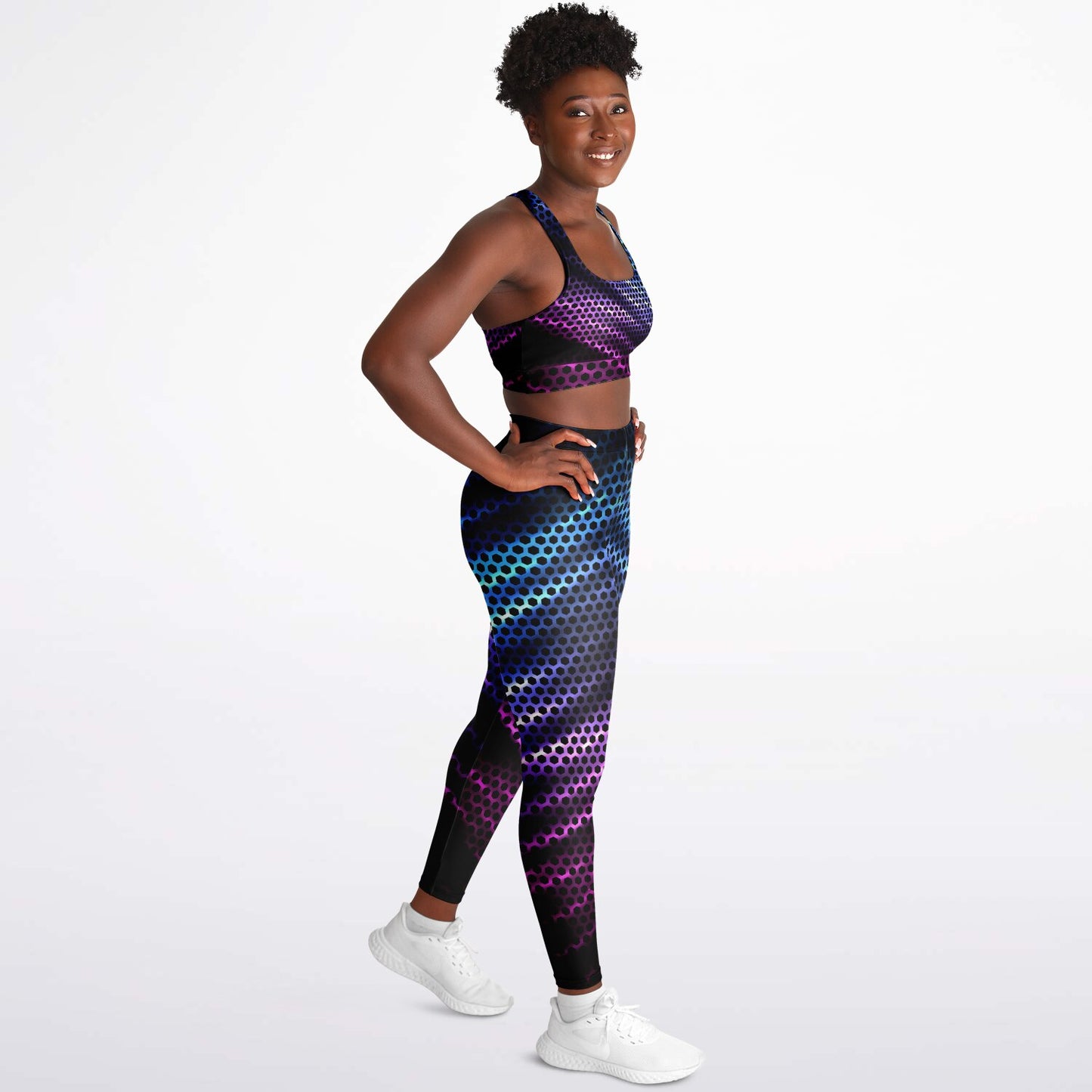 Black Carbon with Pink and Blue Padded Sports Bra & Leggings -