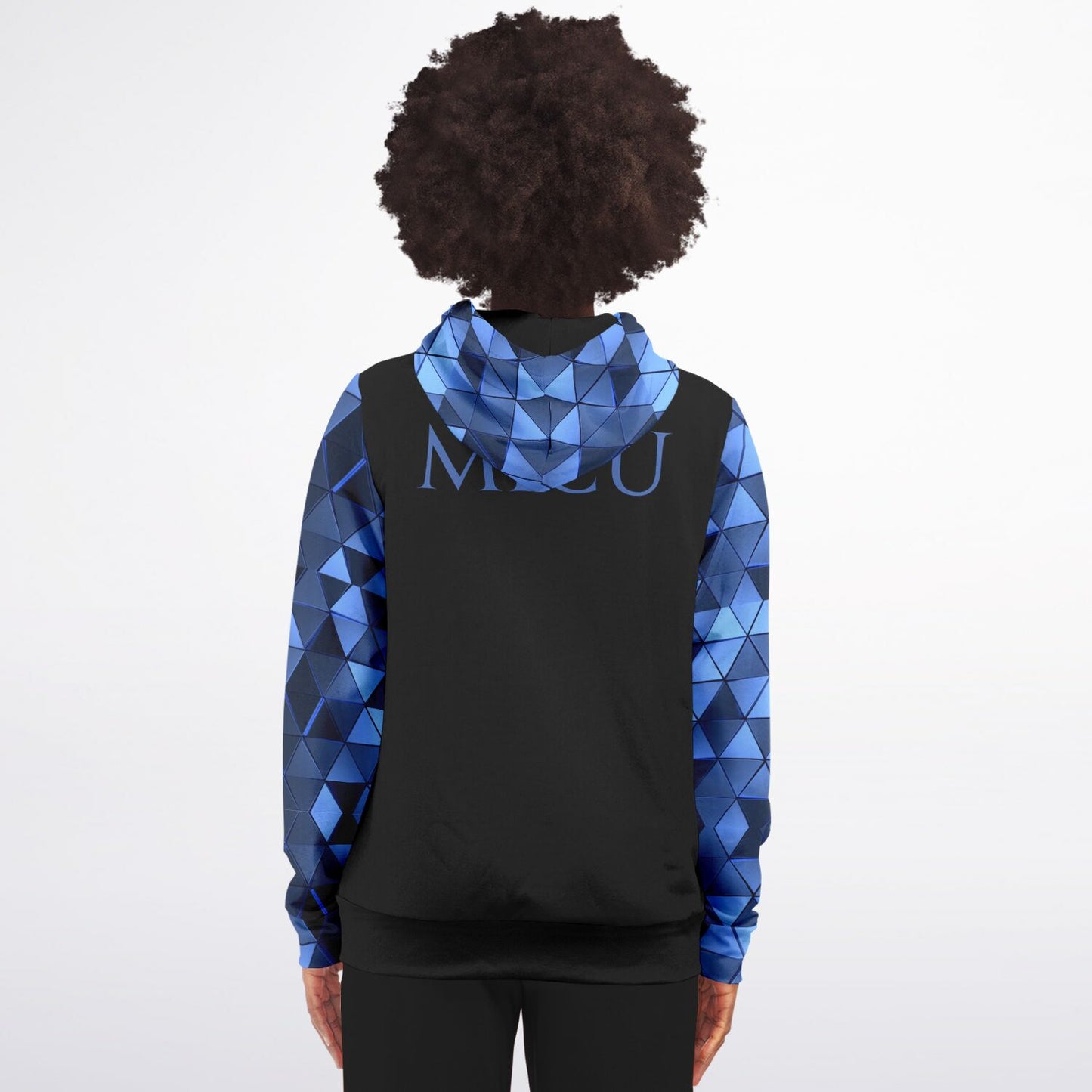 MICU, RN, Nurse Fashion Zip-Up Hoodie - Black, blue text, with blue diamond sleeves