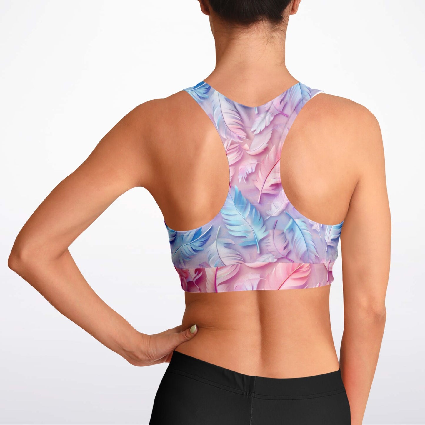 Pink and Blue feathers Padded Sports Bra - AOP