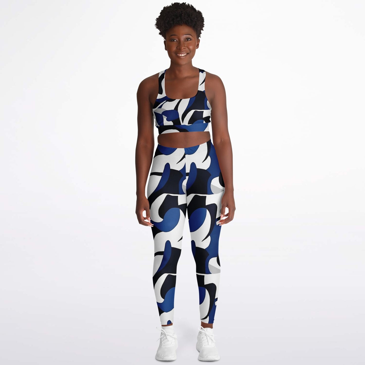 Blue with white and black Padded Sports Bra & Leggings - AOP