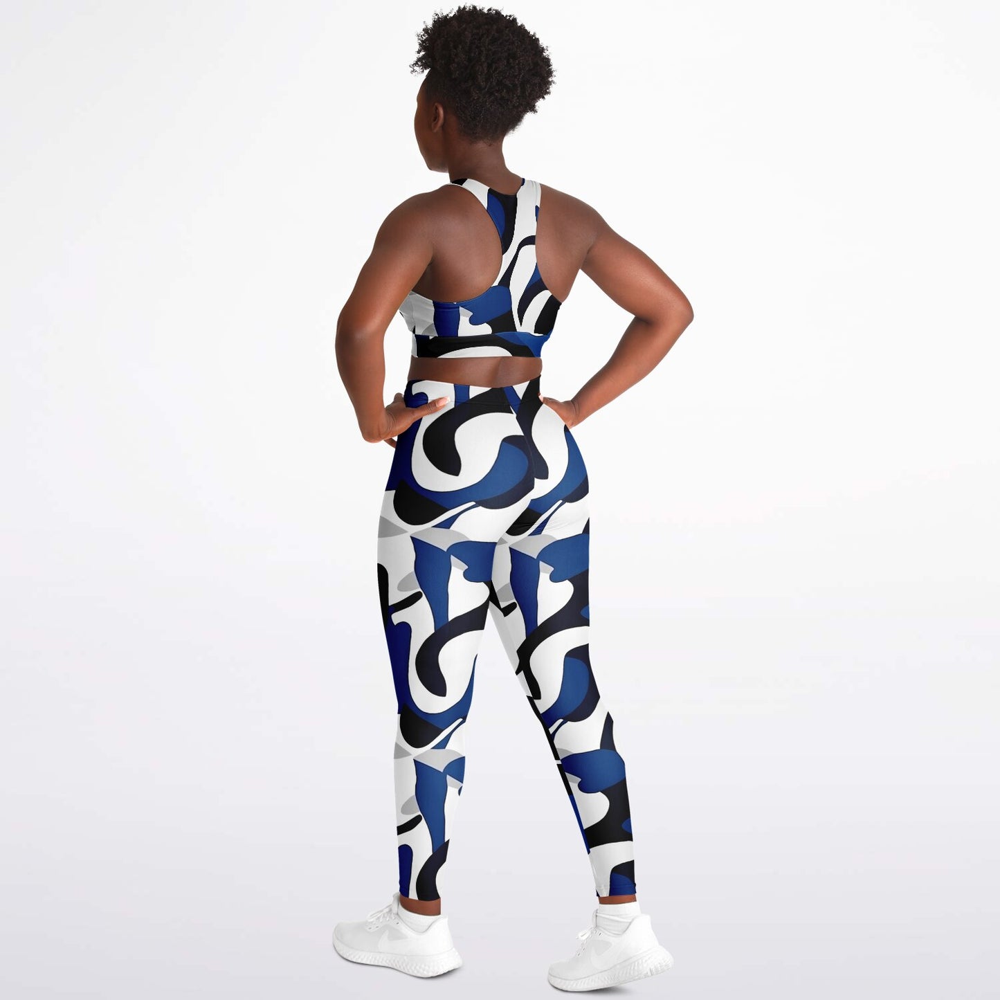 Blue with white and black Padded Sports Bra & Leggings - AOP
