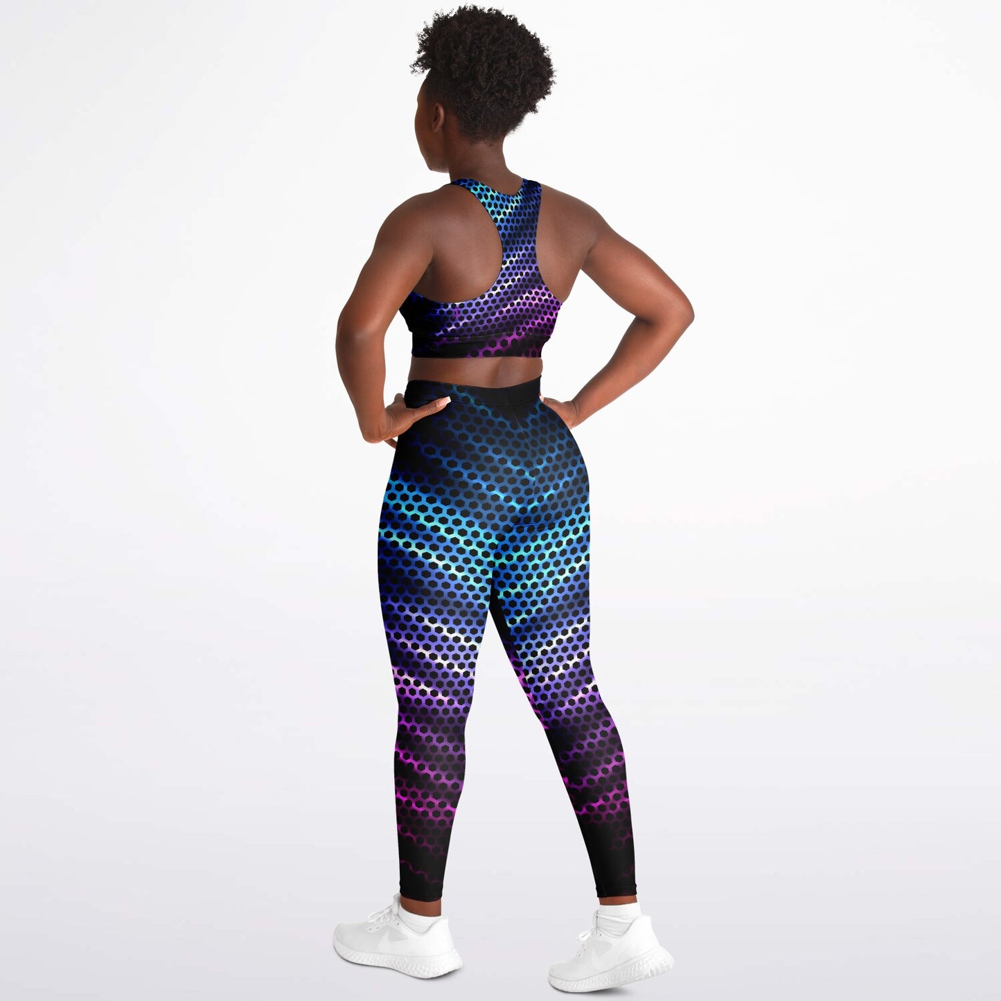 Black Carbon with Pink and Blue Padded Sports Bra & Leggings -