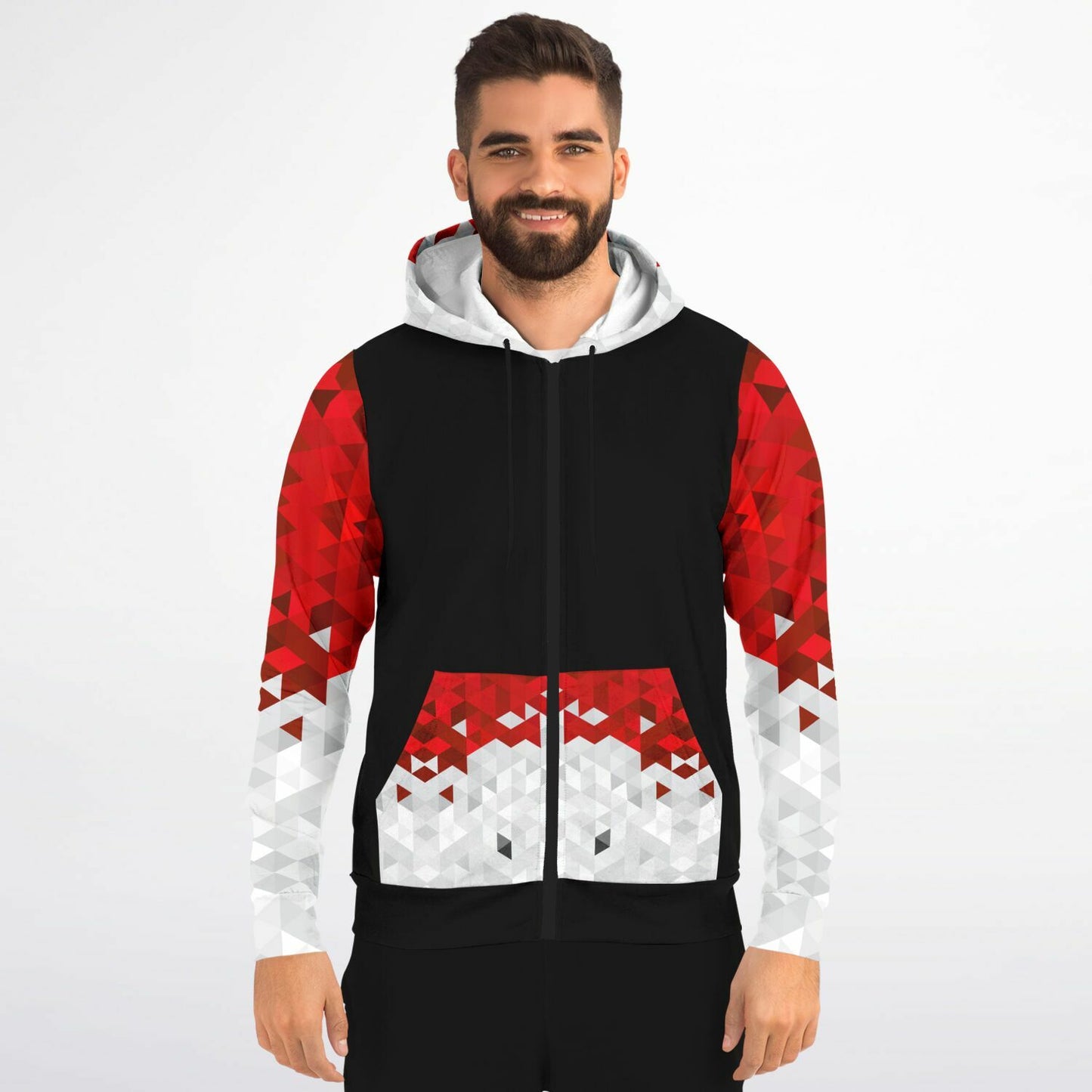 Red, white, silver diamond sleeves Fashion Zip-Up Hoodie -