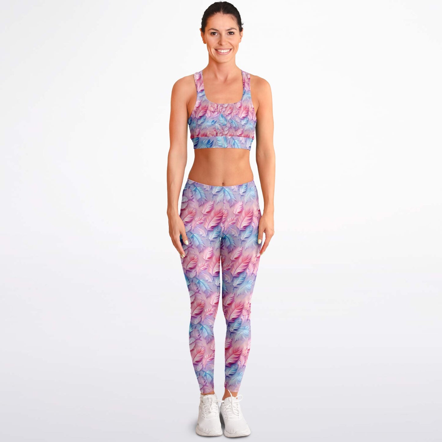 Pink and Blue feathers Padded Sports Bra & Leggings - AOP