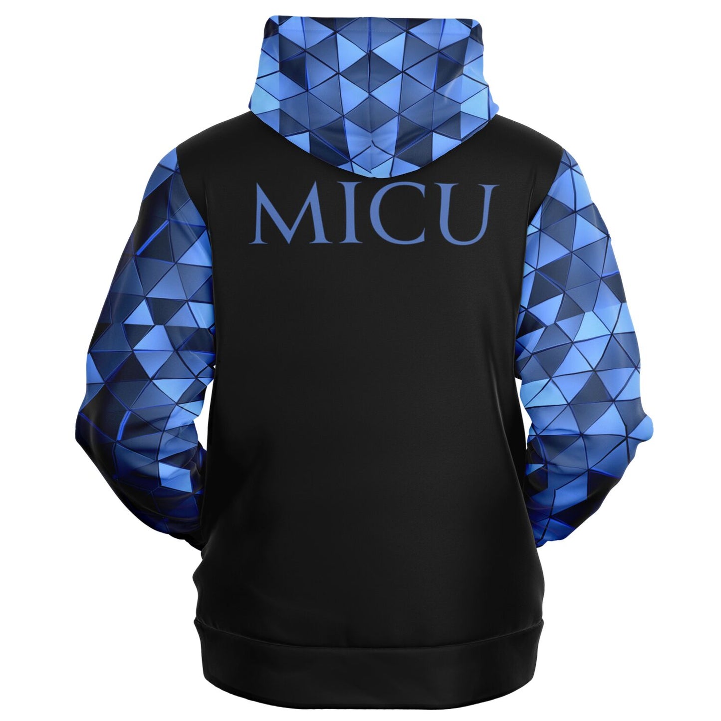 MICU, RN, Nurse Fashion Zip-Up Hoodie - Black, blue text, with blue diamond sleeves