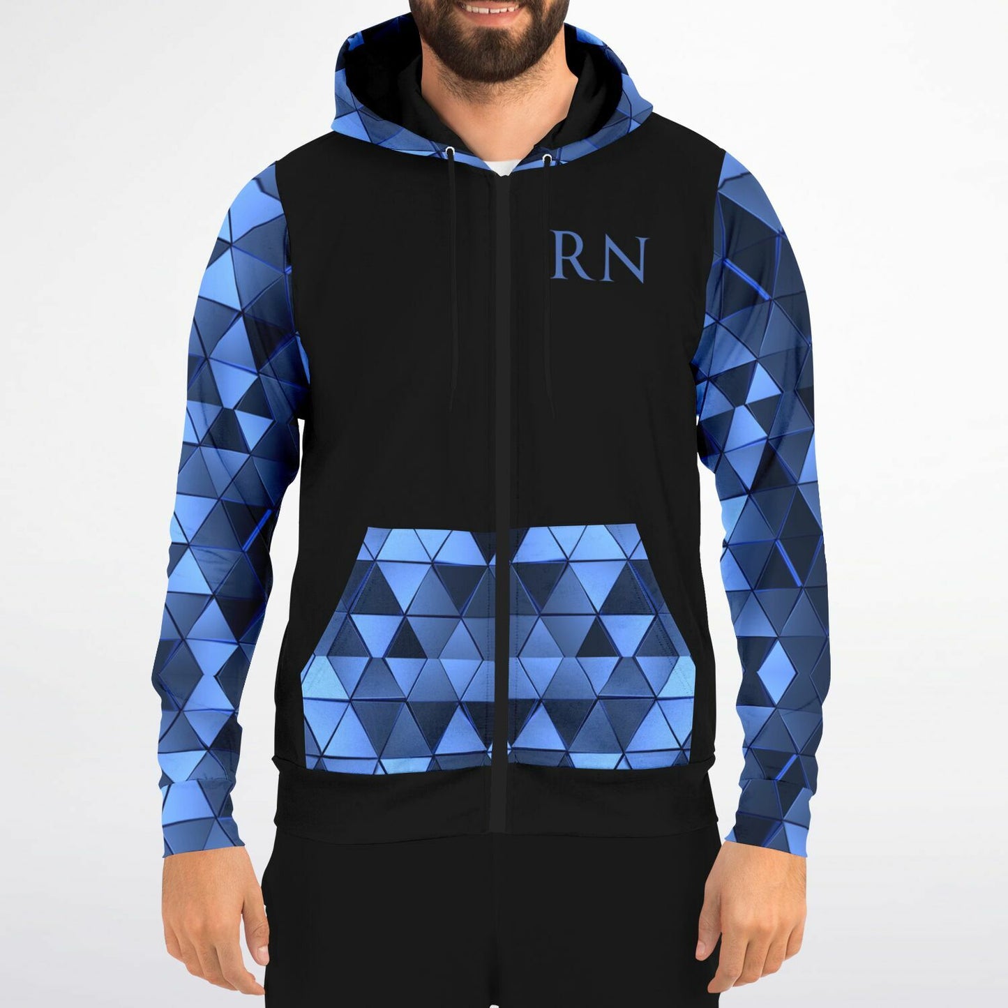 MICU, RN, Nurse Fashion Zip-Up Hoodie - Black, blue text, with blue diamond sleeves