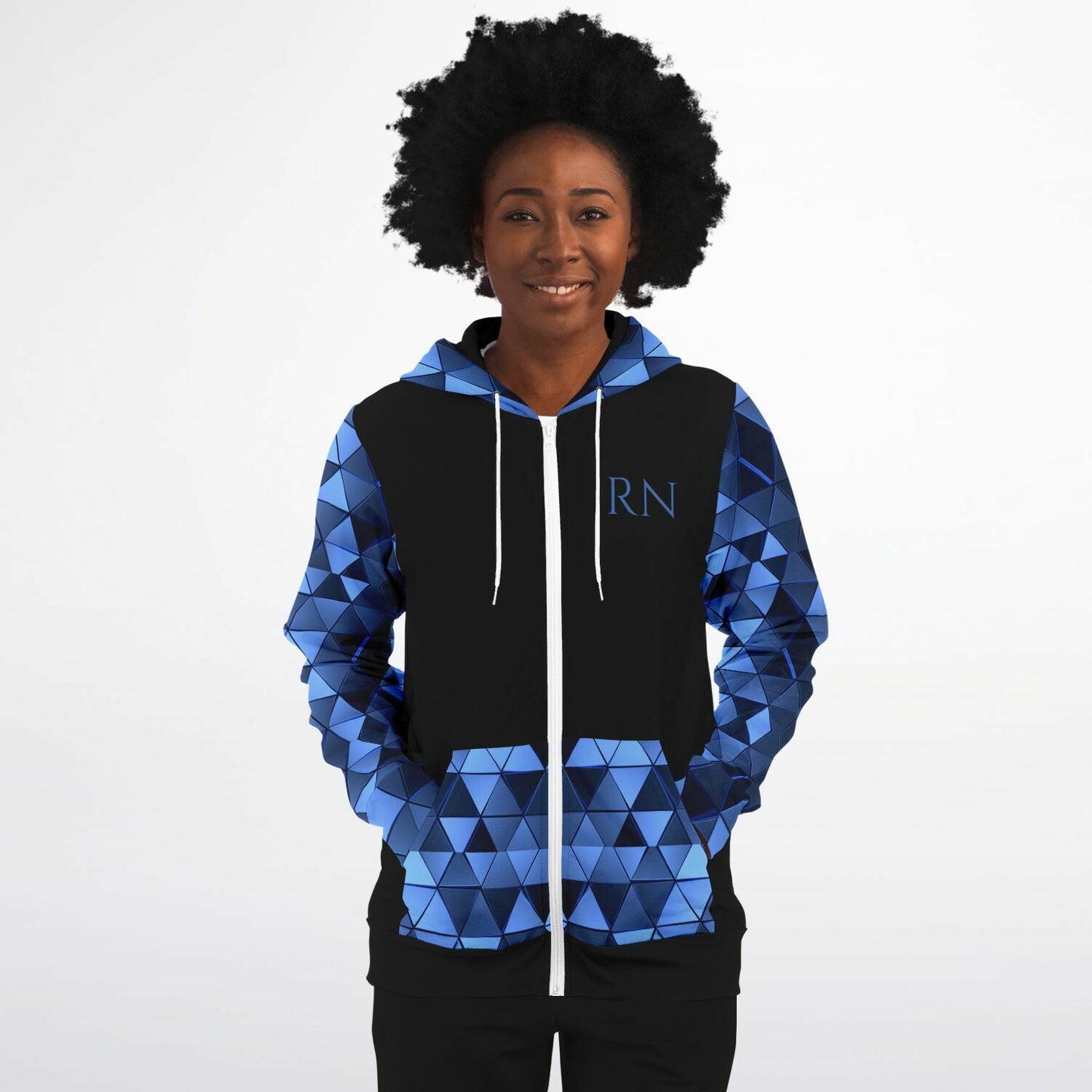 CVICU Tribal style 1, RN, Nurse Fashion Zip-Up Hoodie - Black, blue text, with blue diamond sleeves