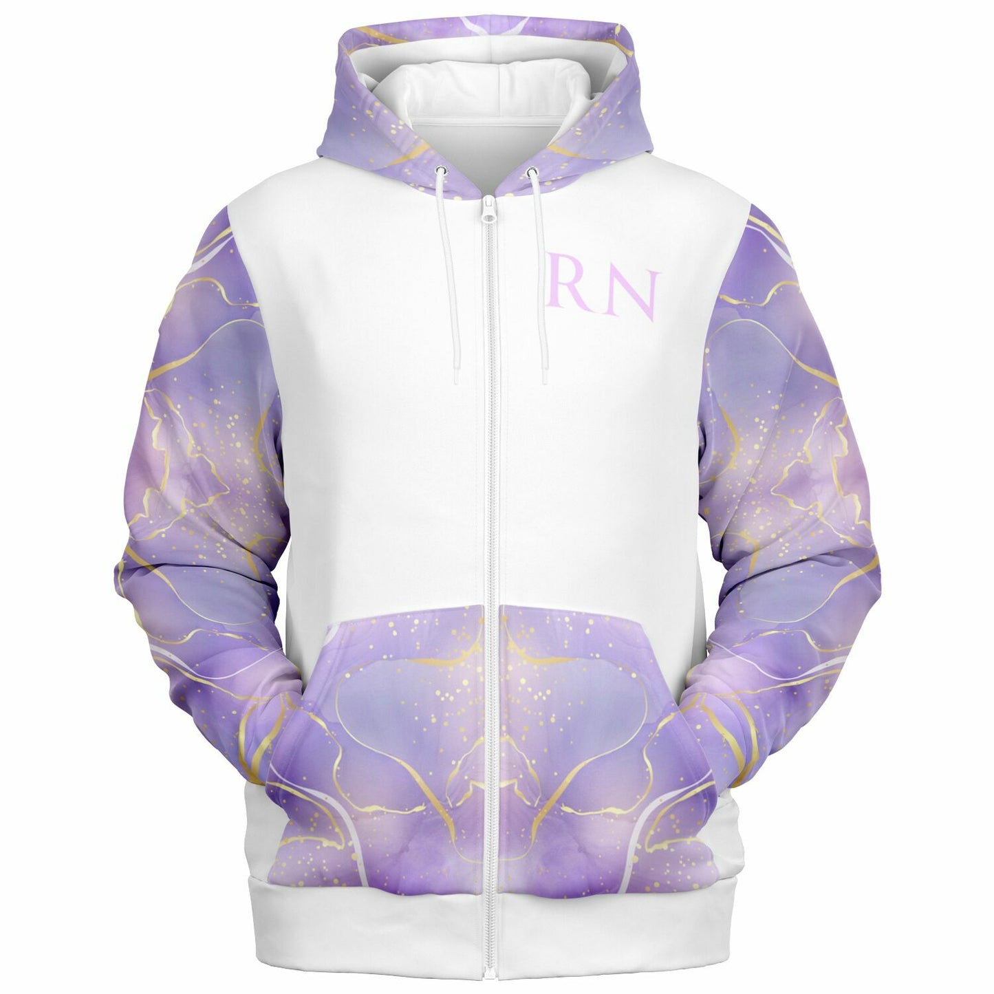 CVICU RN, Nurse Fashion Zip-Up Hoodie - White, gold text, with purple and gold ribbon sleeves