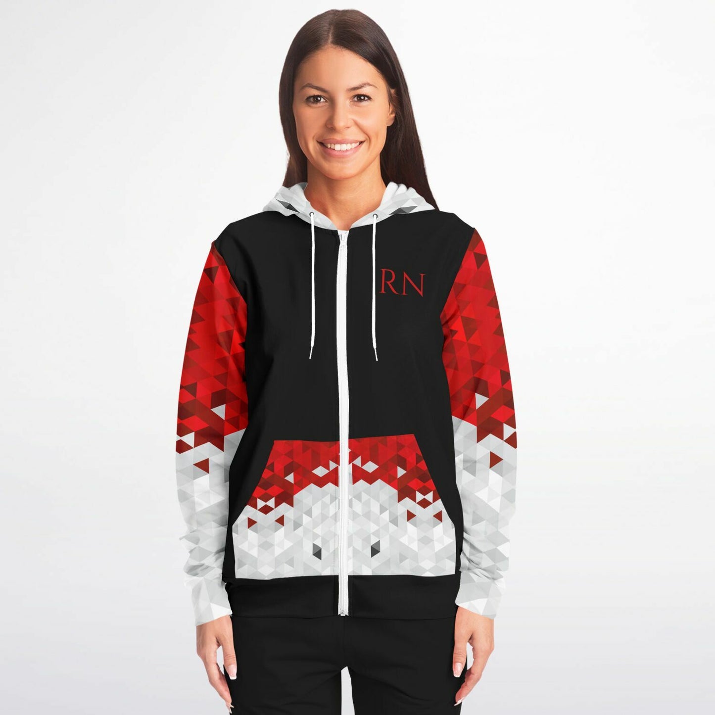 Emergency department Tribal Style , RN, Nurse Fashion Zip-Up Hoodie - Black, red text, with red, white, silver diamond sleeves