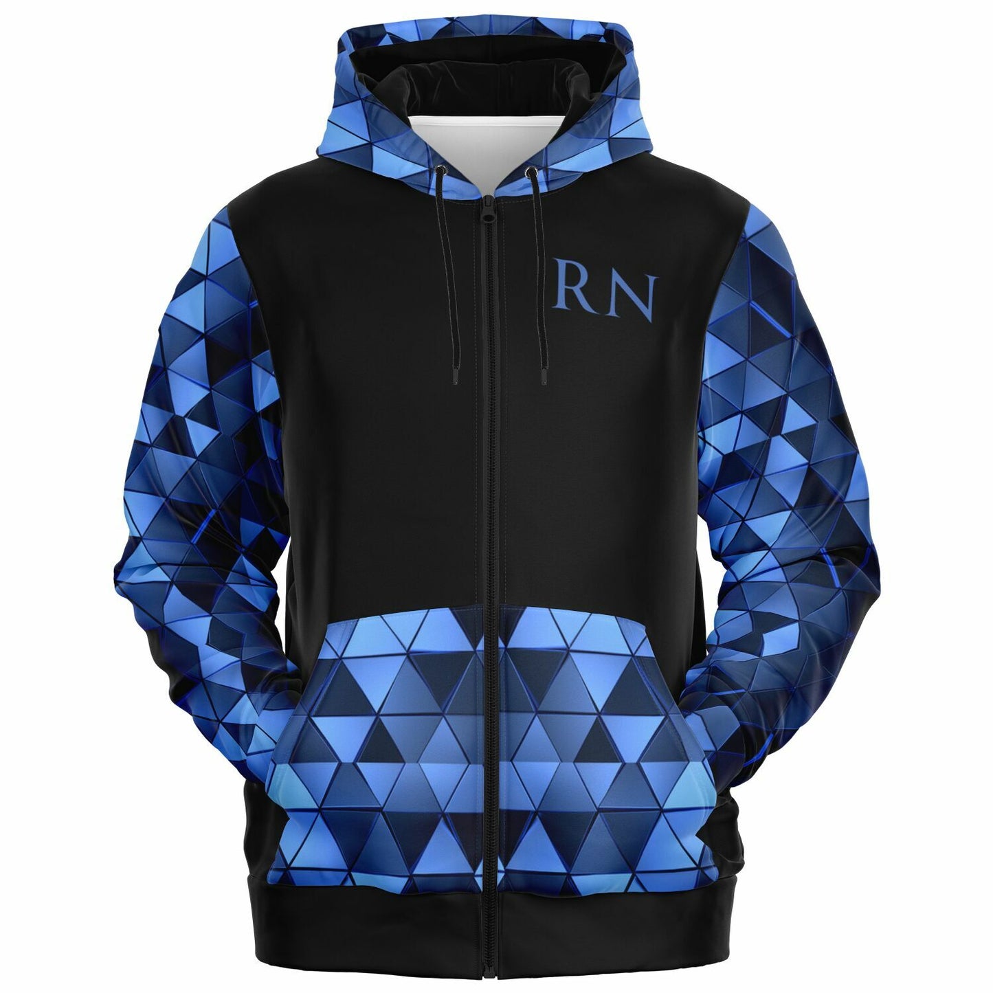 MICU, RN, Nurse Fashion Zip-Up Hoodie - Black, blue text, with blue diamond sleeves