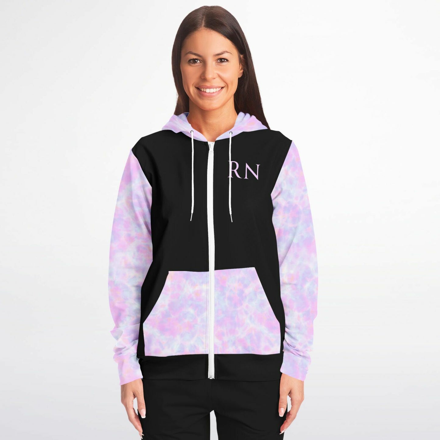 MICU, RN, Nurse Fashion Zip-Up Hoodie - Black, purple and light blue sleeves