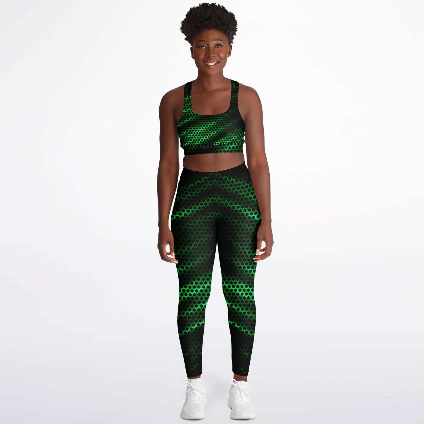 Black Carbon with Green Padded Sports Bra & Leggings -