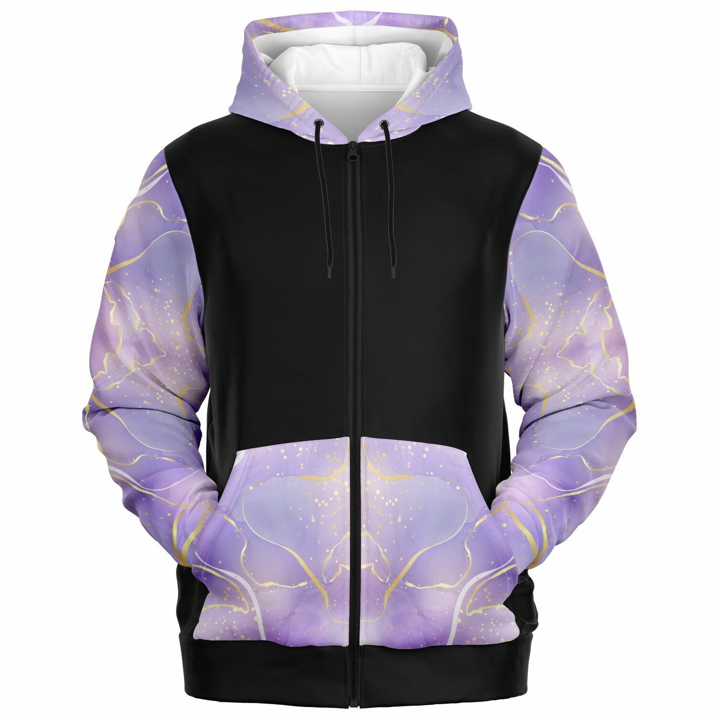 Fashion Zip-Up Hoodie -  Black, gold text, with purple and gold ribbon sleeves