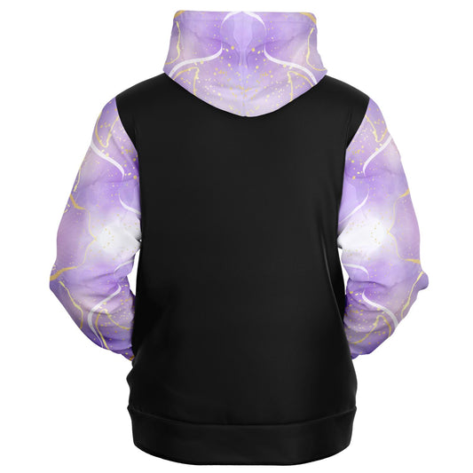 RN, Nurse Fashion Zip-Up Hoodie -  Black, gold text, with purple and gold ribbon sleeves copy copy