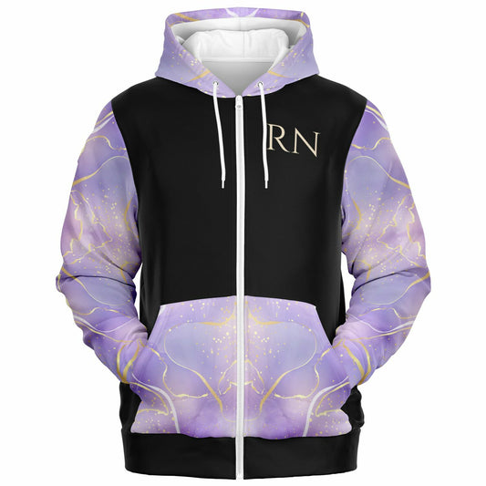 RN, Nurse Fashion Zip-Up Hoodie -  Black, gold text, with purple and gold ribbon sleeves copy copy