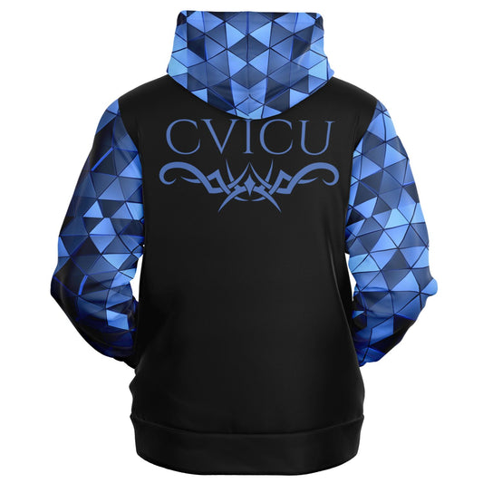 CVICU Tribal style 1, RN, Nurse Fashion Zip-Up Hoodie -  Black, blue text, with blue diamond sleeves